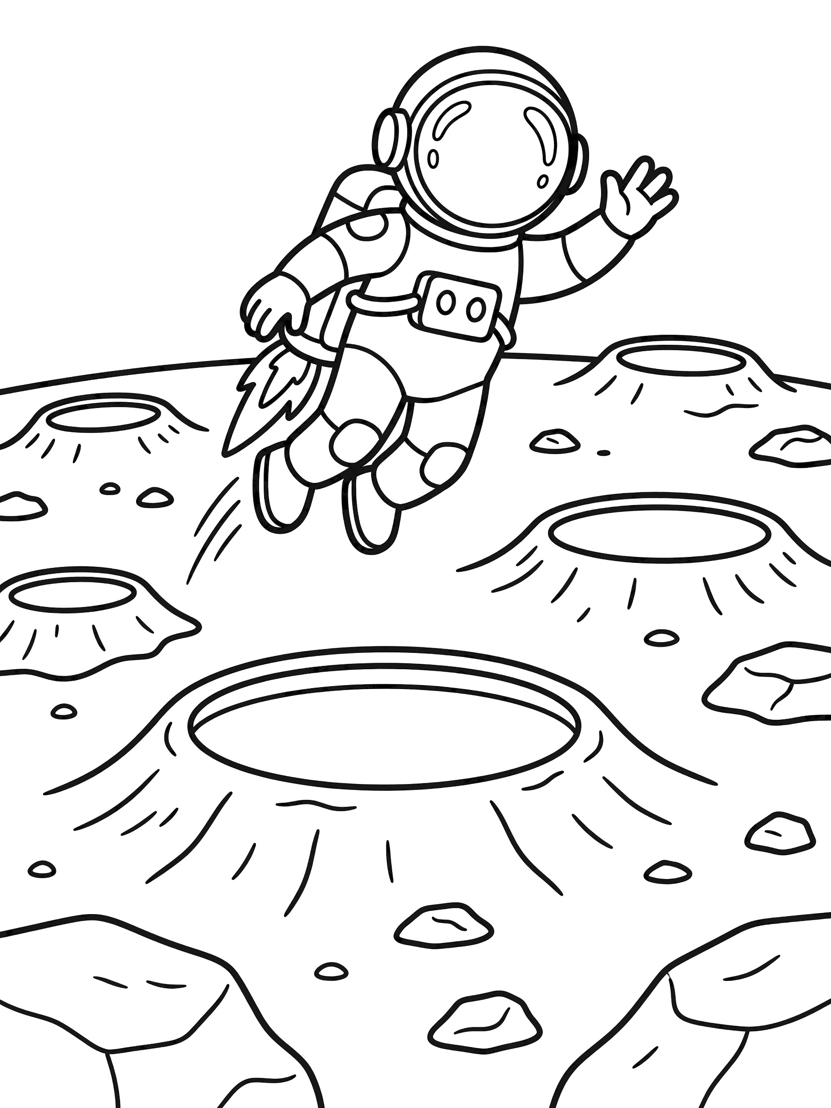 Black and white line art coloring page showing cheerful astronaut in spacesuit with jetpack jumping over moon craters and rocks. Astronaut on the Mars themed black and white printable line art