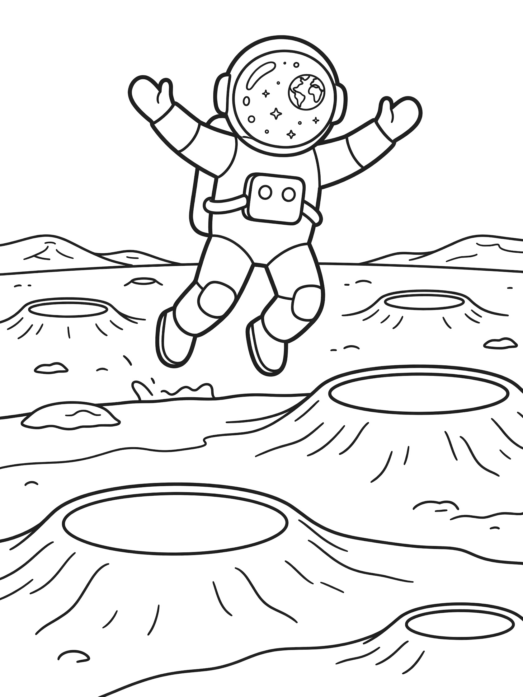 Black and white line art coloring page showing astronaut in spacesuit jumping on bumpy moon surface with craters, stars and Earth reflection in helmet. Astronaut on the Moon themed black and white printable line art