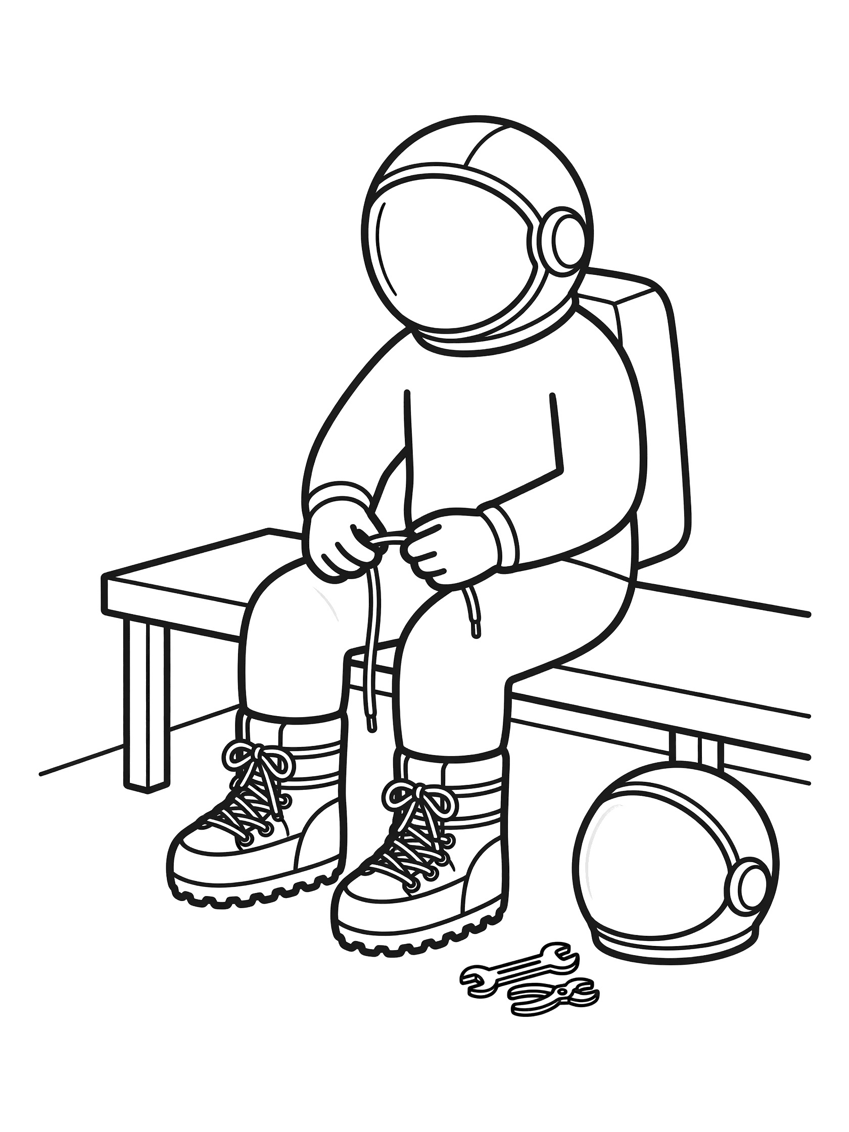 Black and white line art coloring page showing an astronaut sitting on a bench, threading laces through big moon boots with thick soles. A helmet and wrench tools sit on the floor nearby. Astronaut Getting Ready themed black and white printable line art