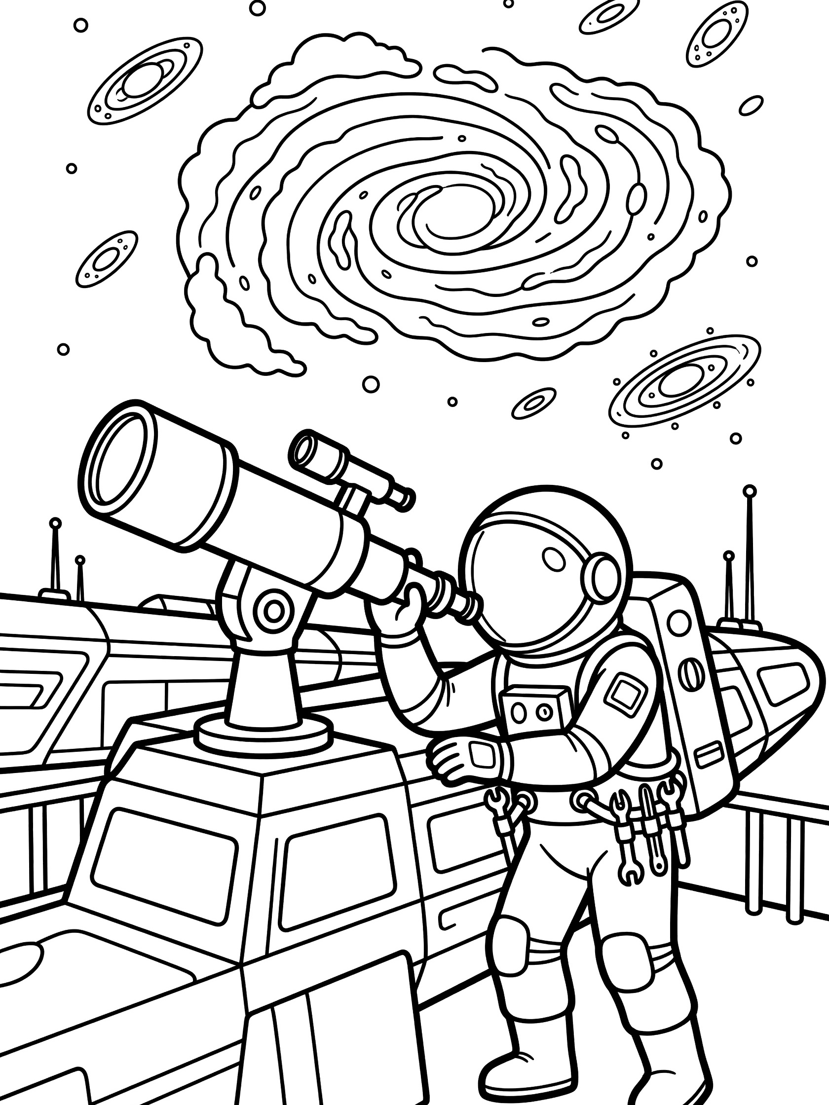 Black and white line art coloring page showing an astronaut in a spacesuit peering through a large telescope mounted on a spaceship, viewing a spiral nebula and distant galaxies, with spaceship details and starry background. Space Telescope themed black and white printable line art