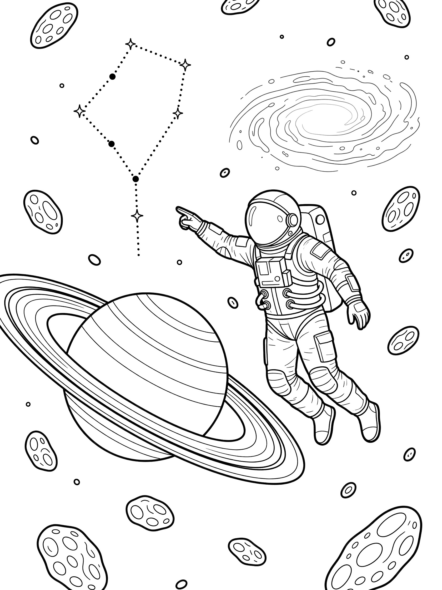 Black and white line art coloring page showing astronaut in spacesuit pointing at Orion constellation with belt and sword stars, near ringed planet, asteroids, and spiral galaxy.