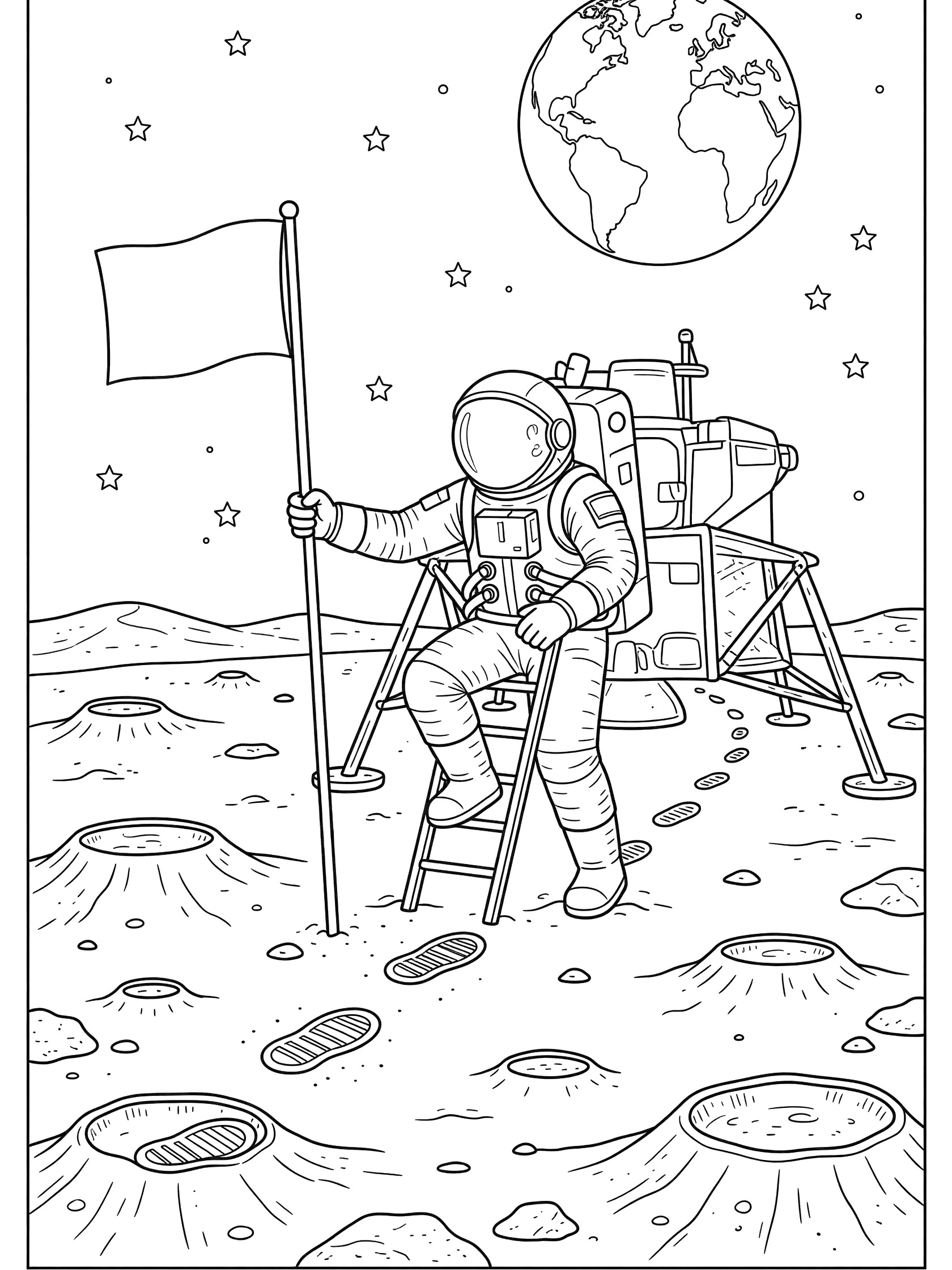 Black and white line art of an astronaut in spacesuit stepping from lunar lander to plant a flag on the cratered moon surface with Earth and stars above