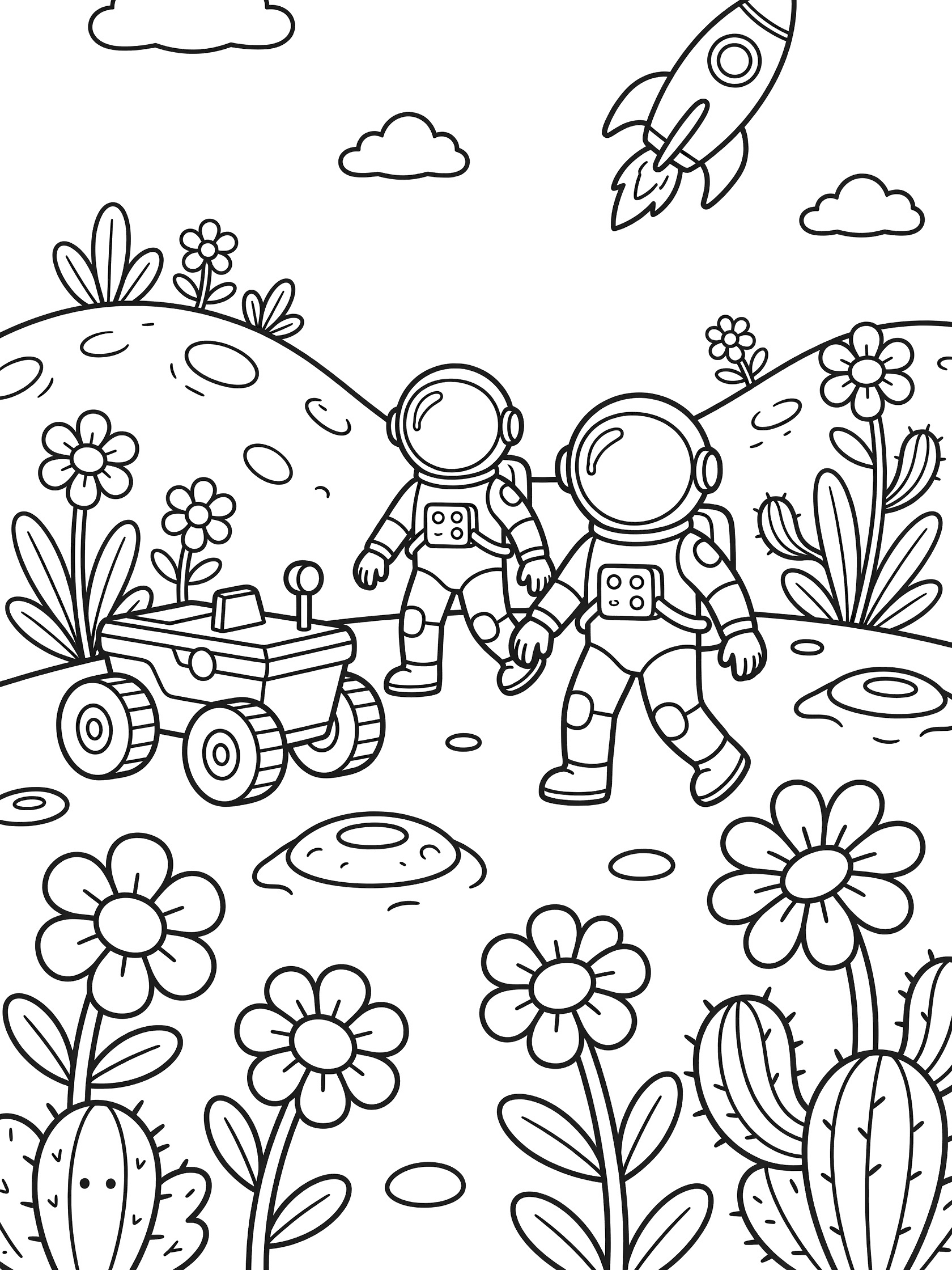 Astronaut moon walk coloring page showing astronauts walking on the moon with a rover and rocket ship, simple outlines for kids.