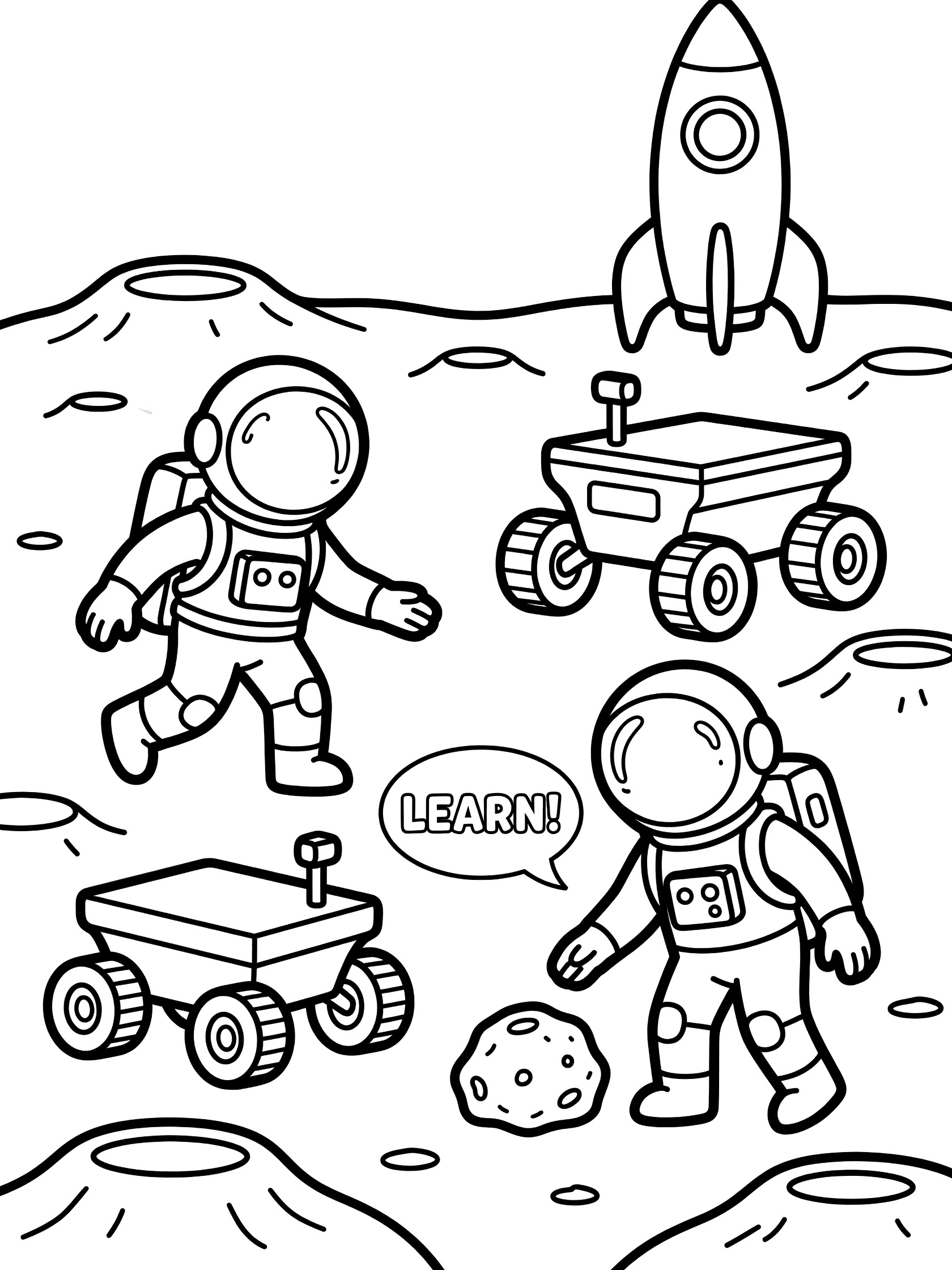 Astronaut moon walk coloring page showing two astronauts walking on the moon with rovers, a rocket, and craters. Bold thick black outlines for easy coloring.