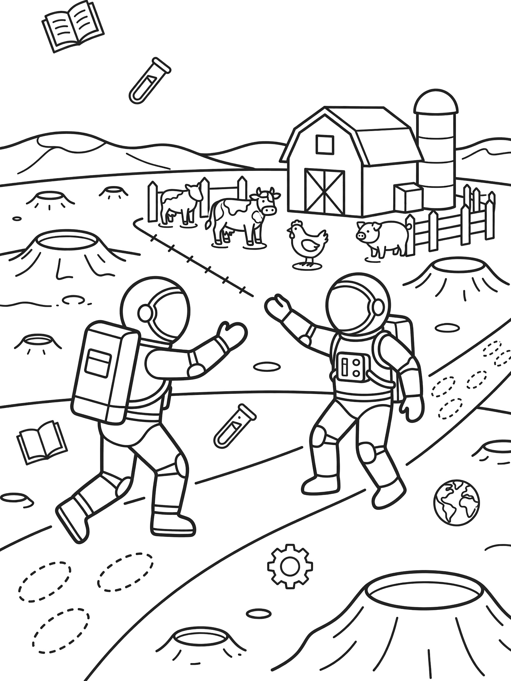 Astronaut moon walk coloring page showing two astronauts walking on the moon near a farm with barn, cows, chickens, test tubes, book, gear, and Earth in the background.