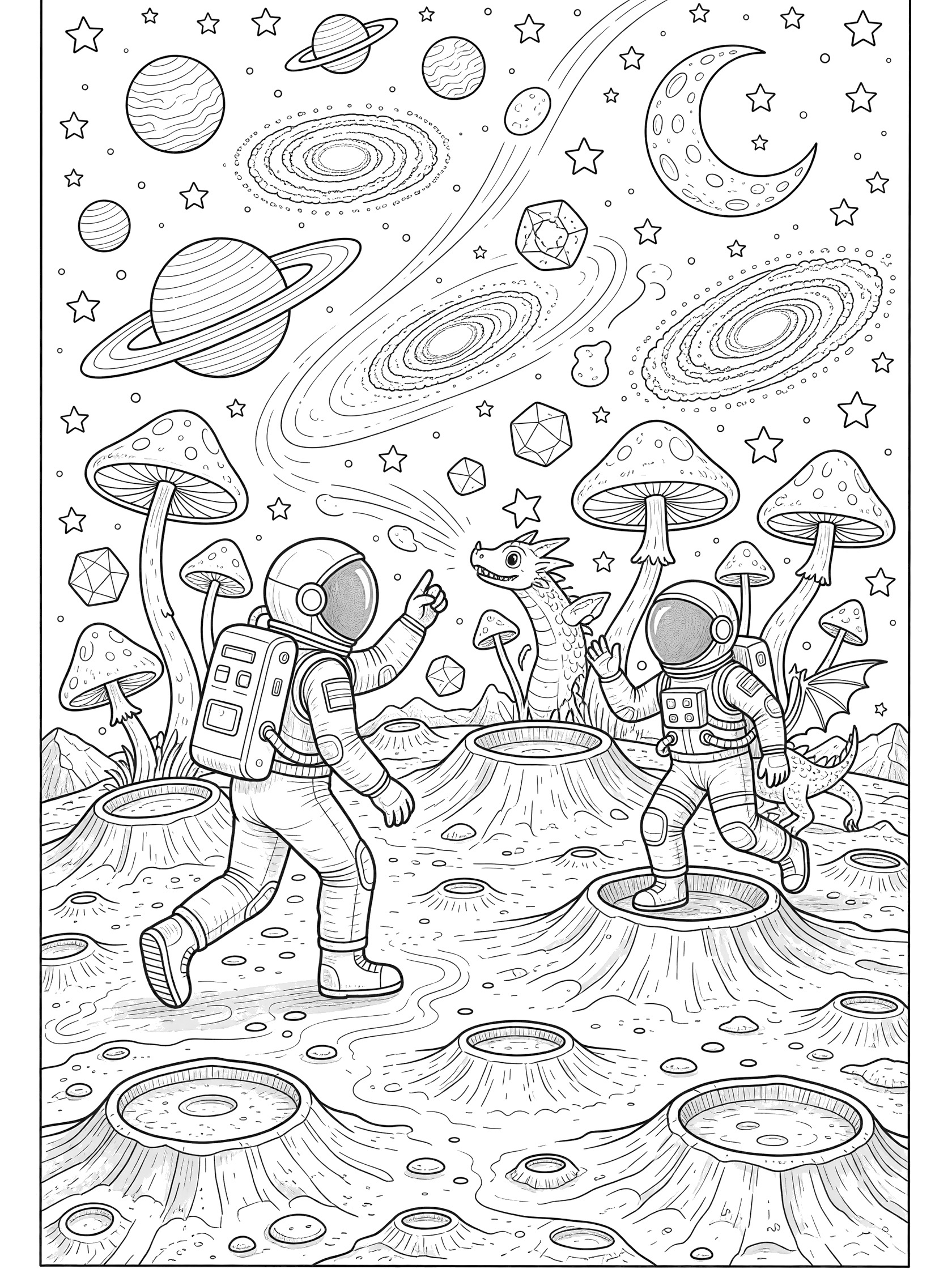 Detailed black and white coloring page showing two astronauts moon walking on a bumpy mushroom-covered moon surface with a cute baby dragon, surrounded by stars, planets, and mushrooms.