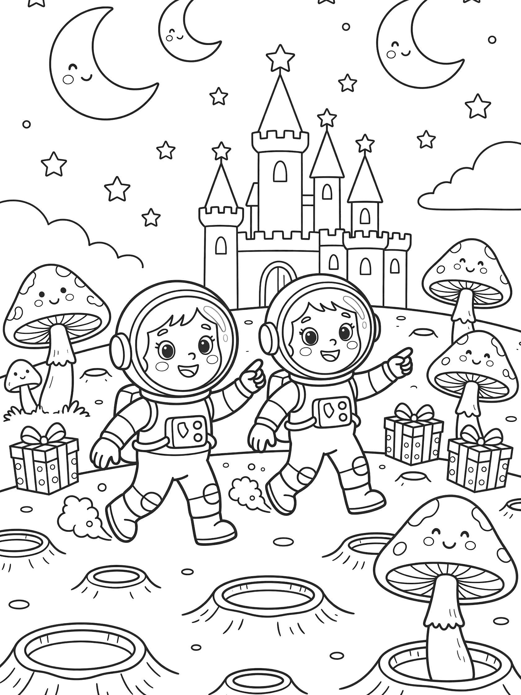 Cute cartoon coloring page showing astronauts moon walking on the moon surface near giant mushrooms shaped like castles and stacks of presents