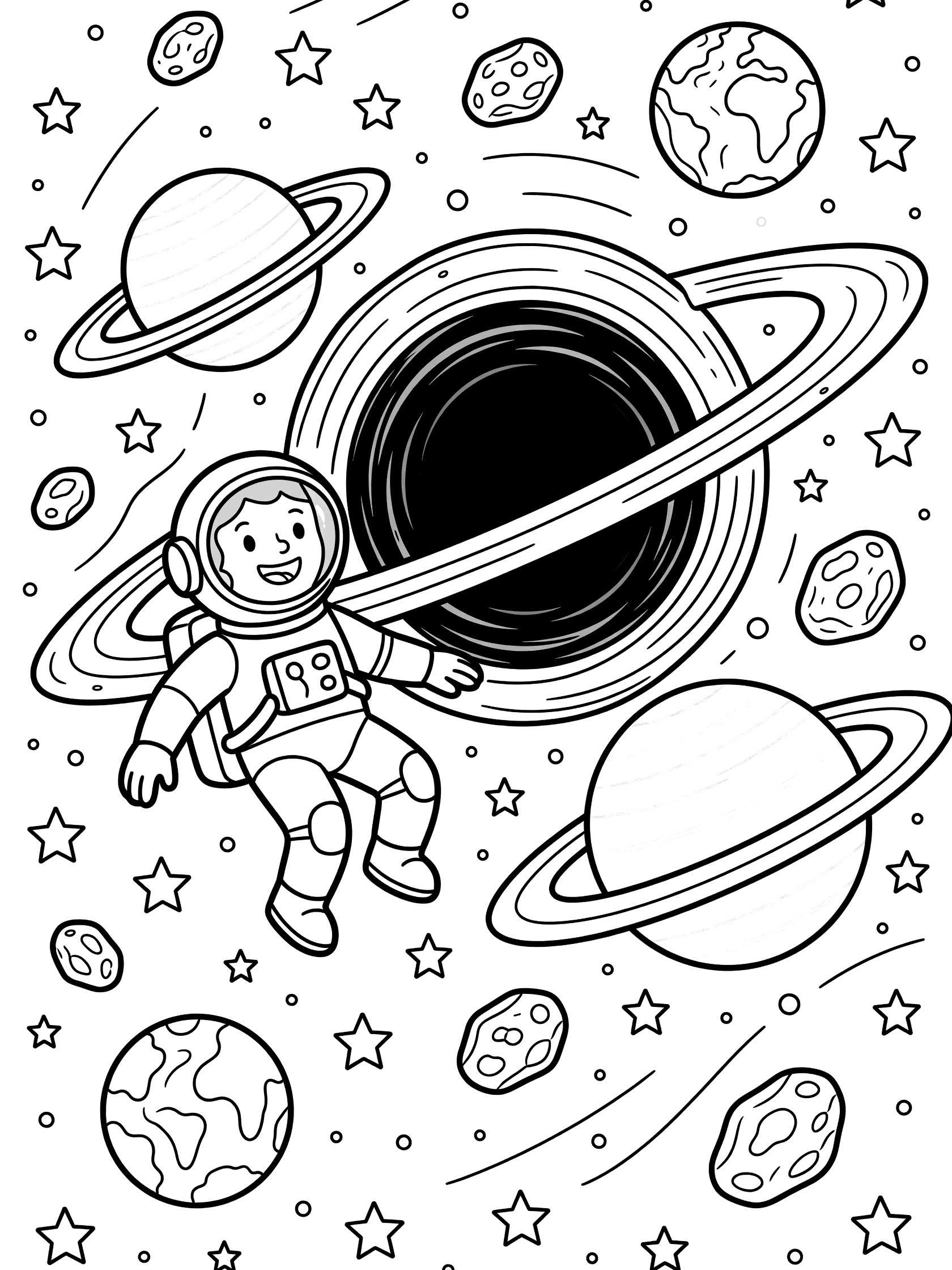 Black and white line art coloring page showing an astronaut observing a black hole orbited by planets and asteroids in a starry galaxy