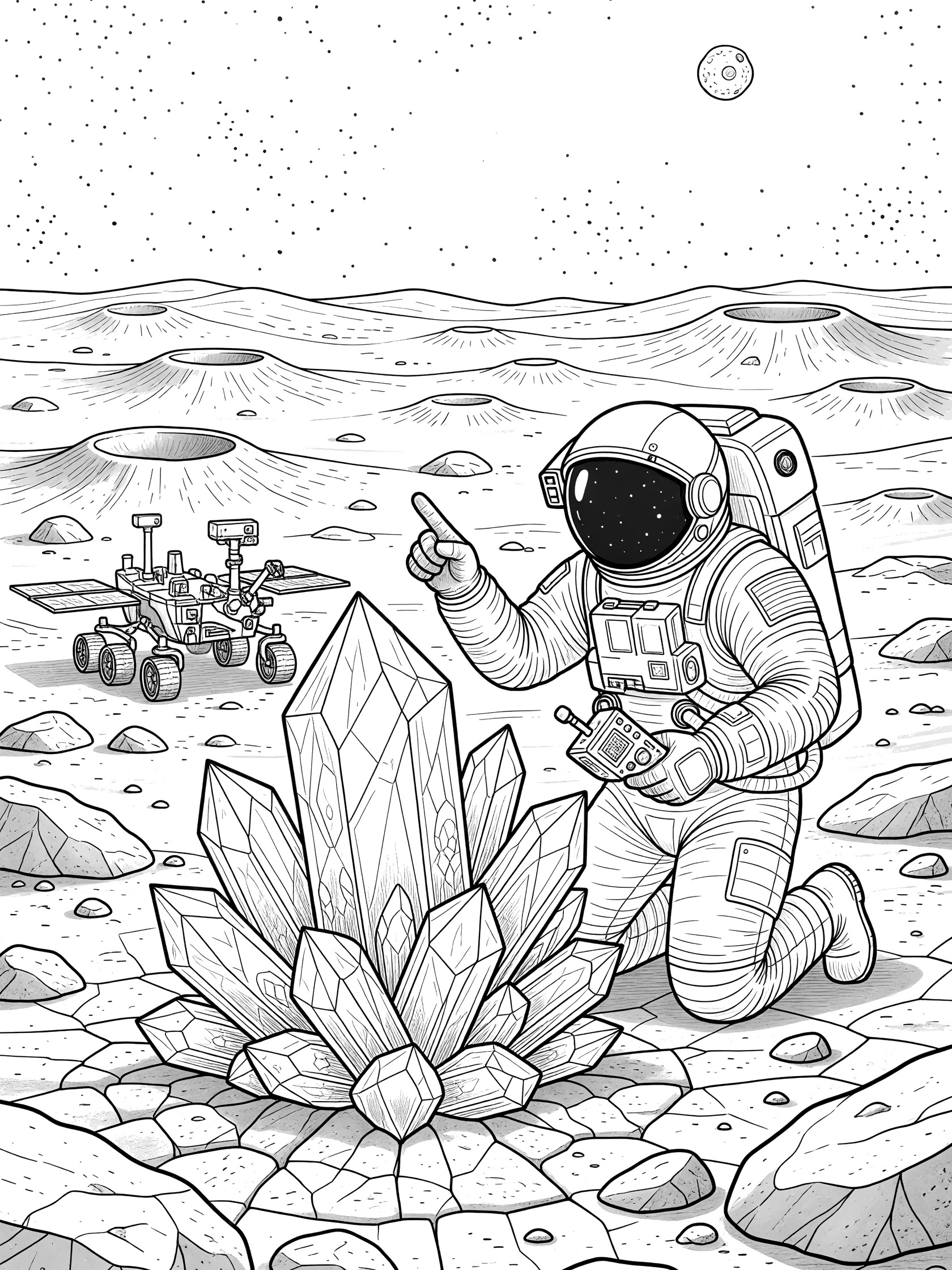 Black and white coloring page of astronaut on the Mars discovering large crystal with scanner, rover nearby, rocks and starry sky.