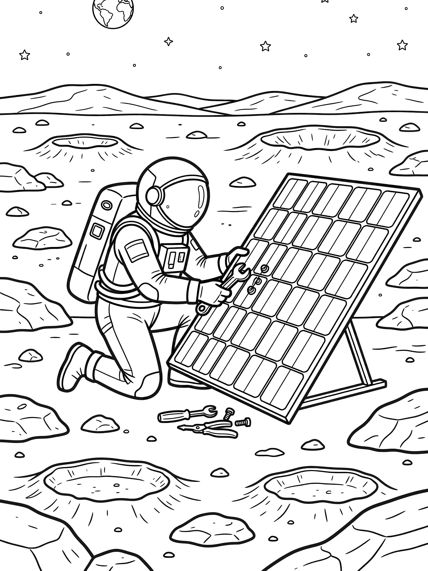 Line art coloring page showing astronaut on the Mars in spacesuit repairing tilted solar panel with tools, on rocky surface with craters, distant hills, stars and Earth.