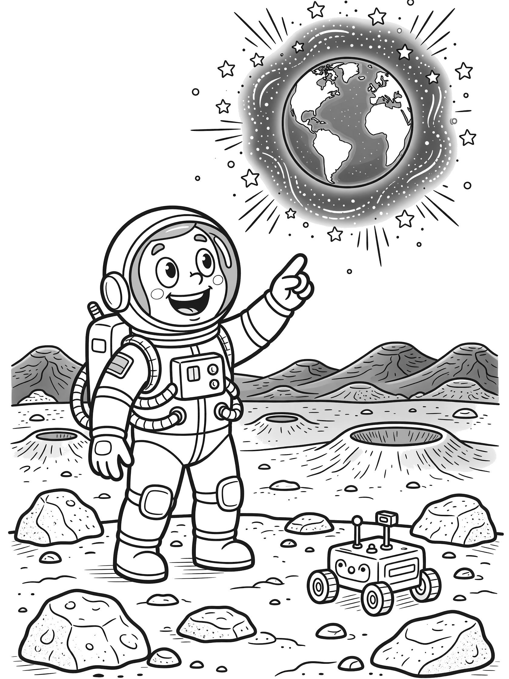 Black and white coloring page showing cartoon astronaut in spacesuit on rocky Mars surface with hills, crater, small rover, and large glowing Earth above. Astronaut on the Mars themed black and white printable line art