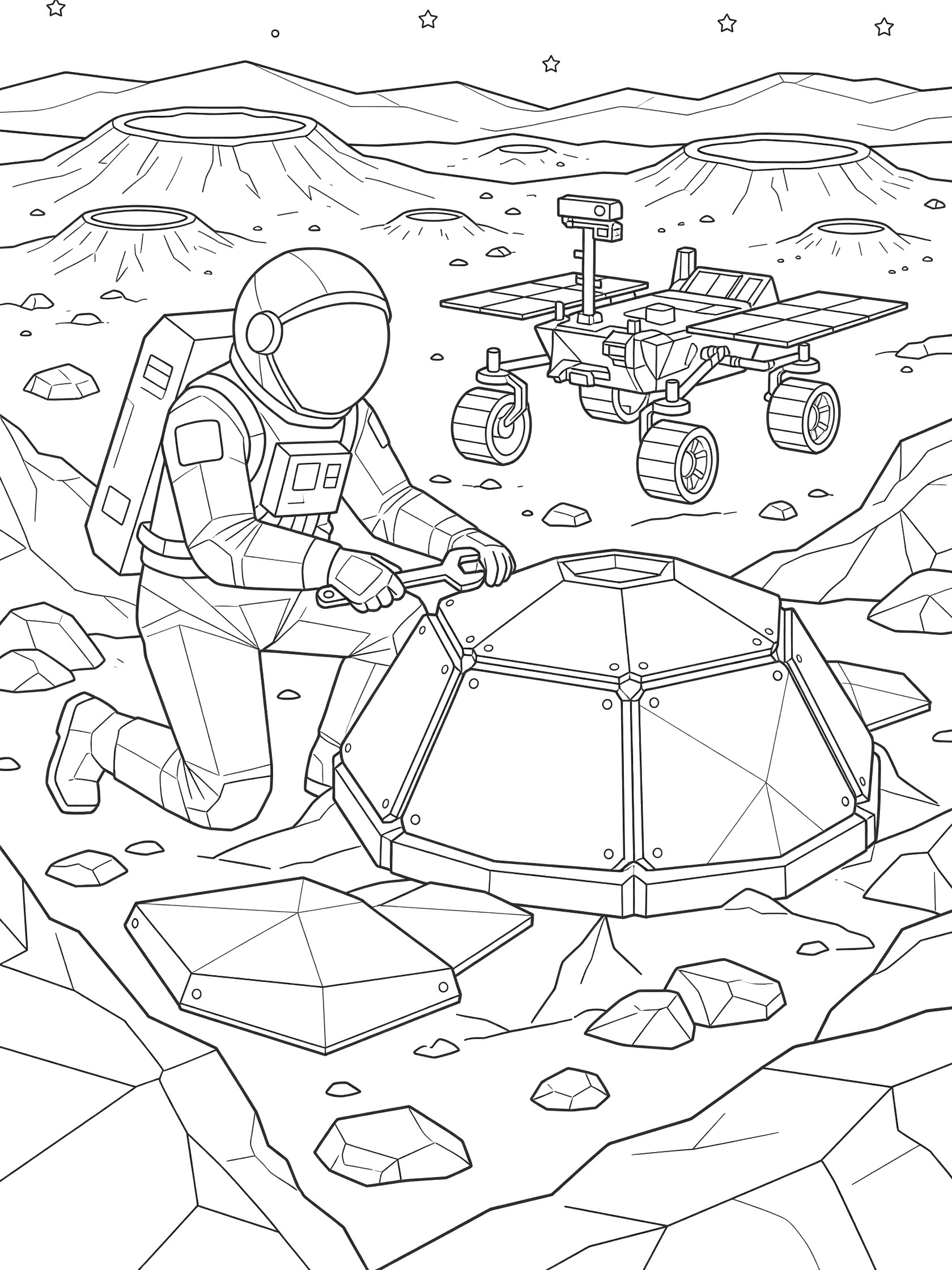 Black and white line art of astronaut on the Mars kneeling to build a polygonal dome habitat using tools, with Mars rover, boulders, craters, hills, and starry sky.