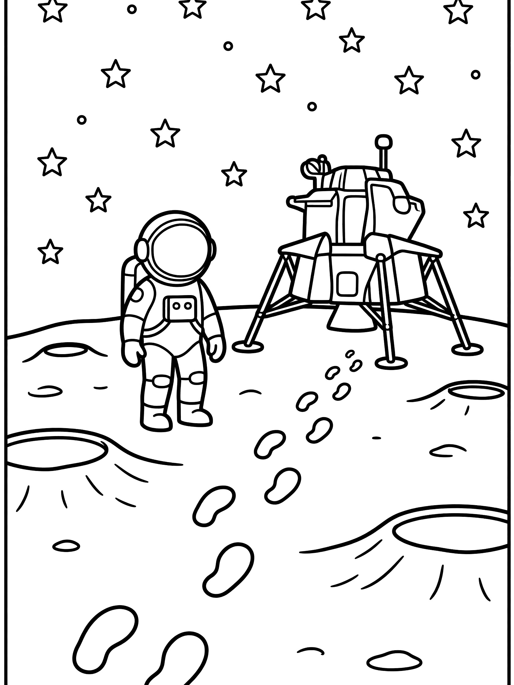Black and white line art coloring page showing an astronaut next to a lunar lander on the moon with footprints in the dust, craters, and sparkling stars above.