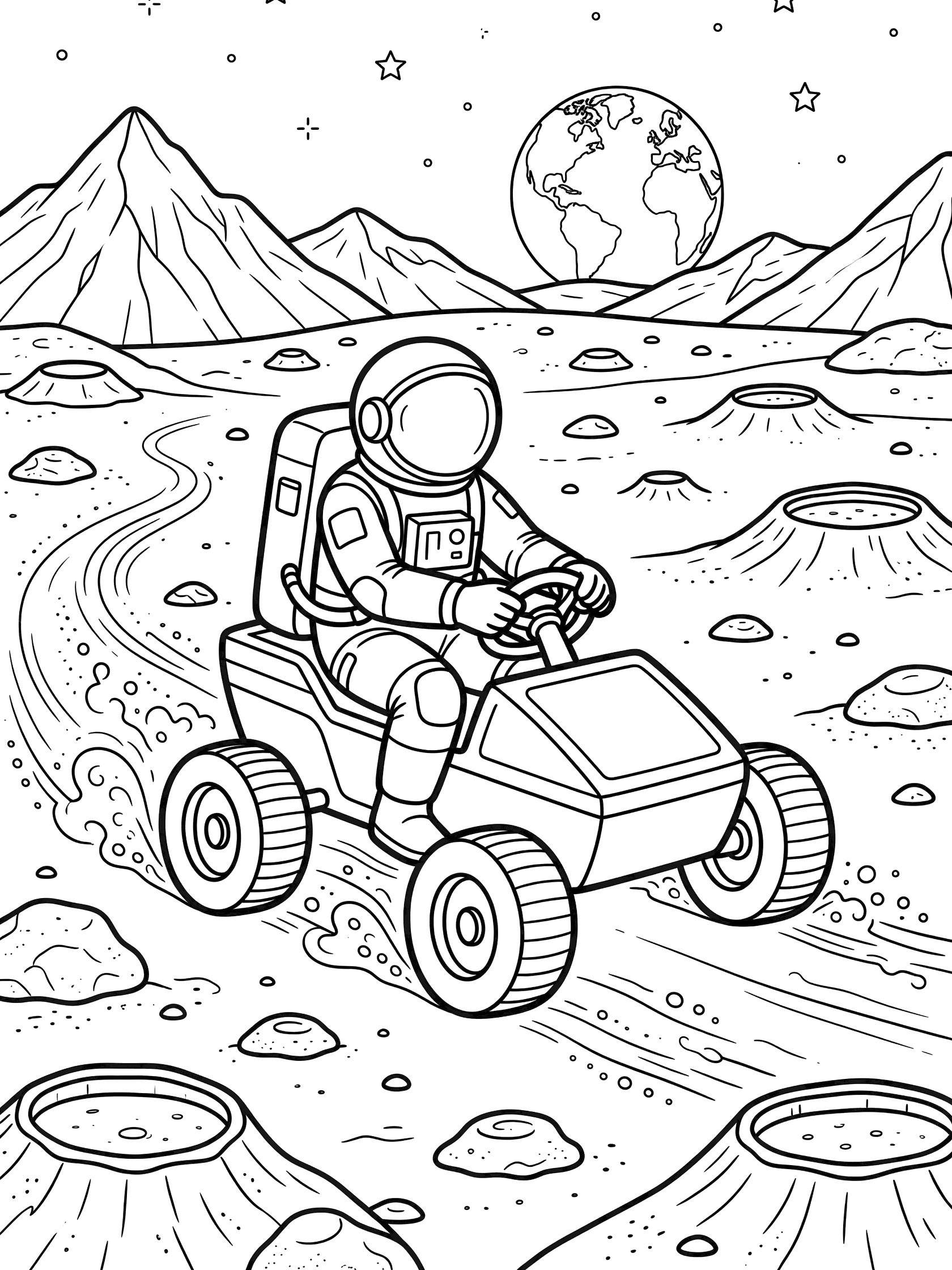 Black and white line art of astronaut on the moon in spacesuit driving open rover with big wheels on dusty terrain, craters, moon rocks, Earth horizon, stars and mountains.