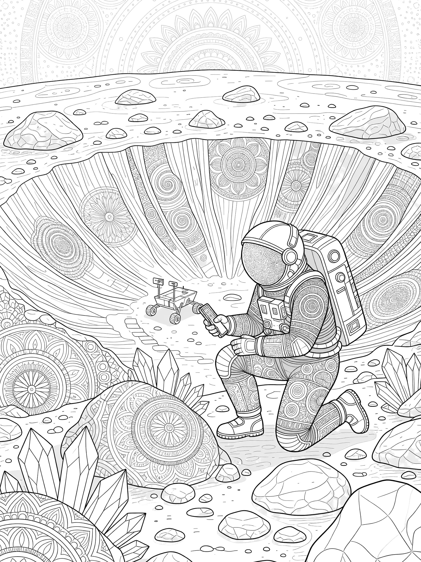 Black and white coloring page showing an astronaut on the moon exploring a crater edge with scanner, moon rocks, crystals, lunar rover, Earth horizon, and starry sky in mandala style.