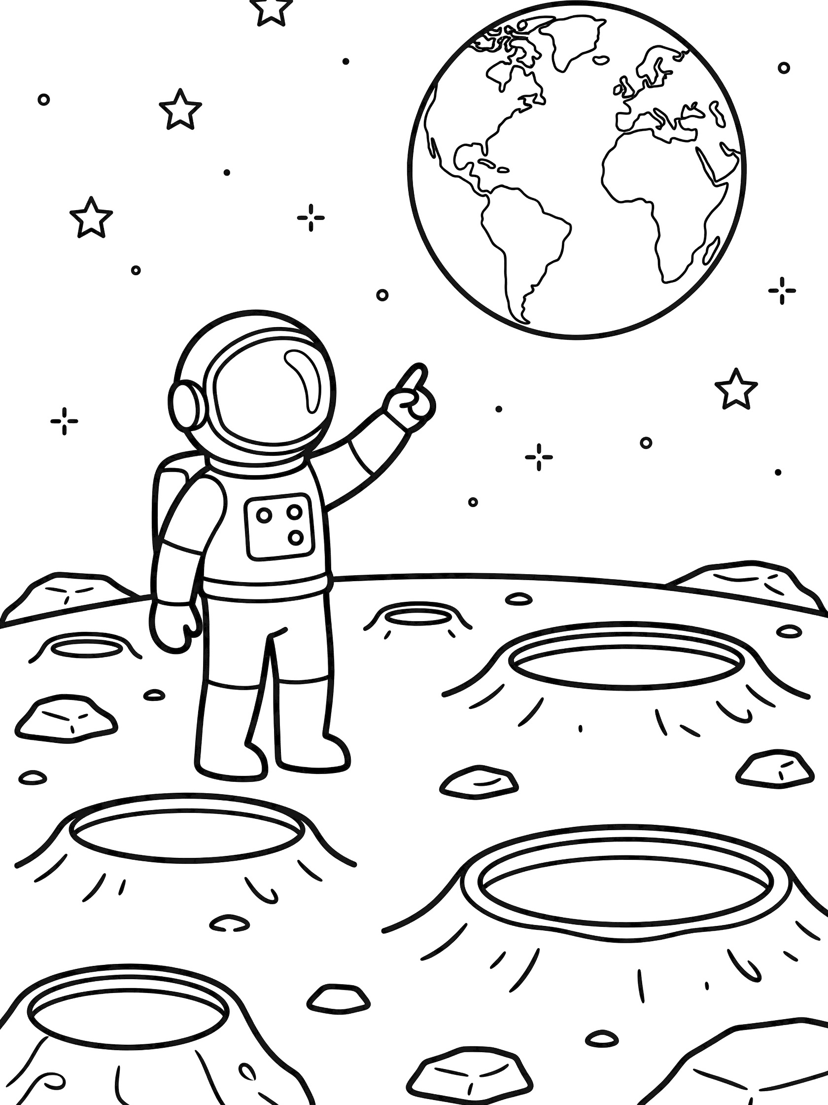 Black and white coloring page showing an astronaut in a spacesuit on the moon surface with craters and rocks, pointing up at a large Earth in a starry sky.