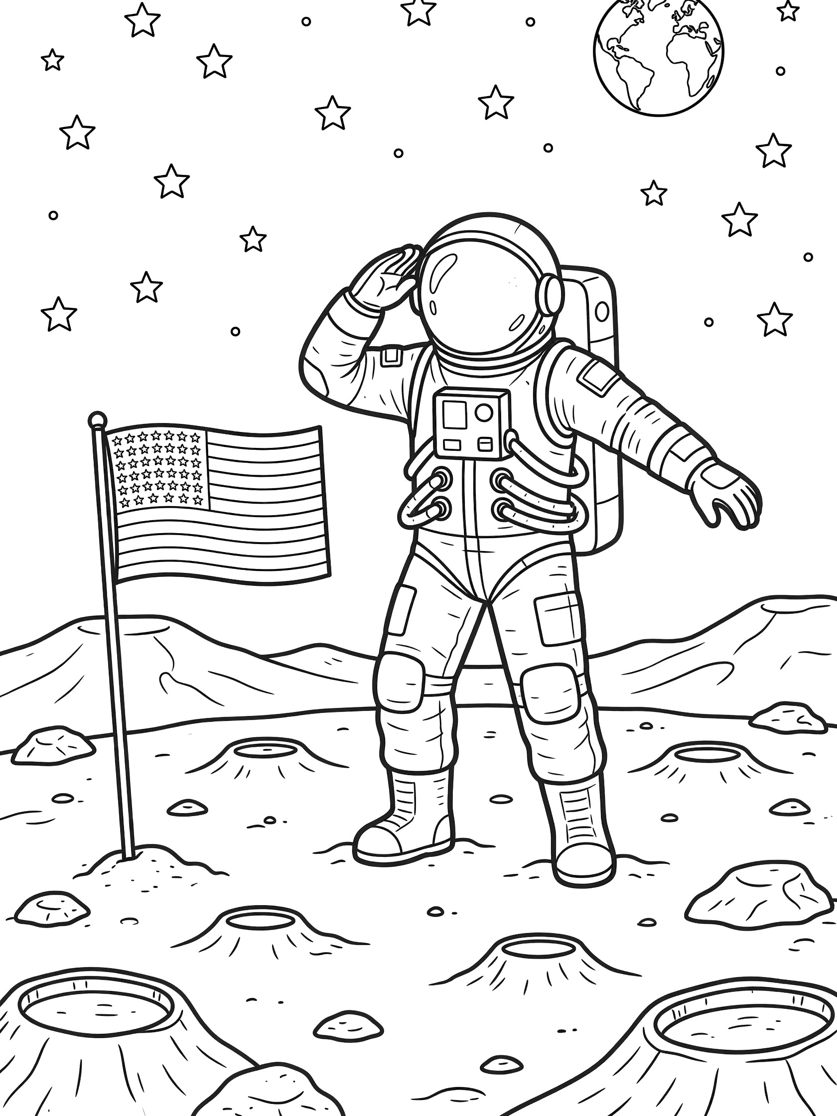 Black and white coloring page of an astronaut on the moon saluting a flag with stars, Earth, and craters in the background