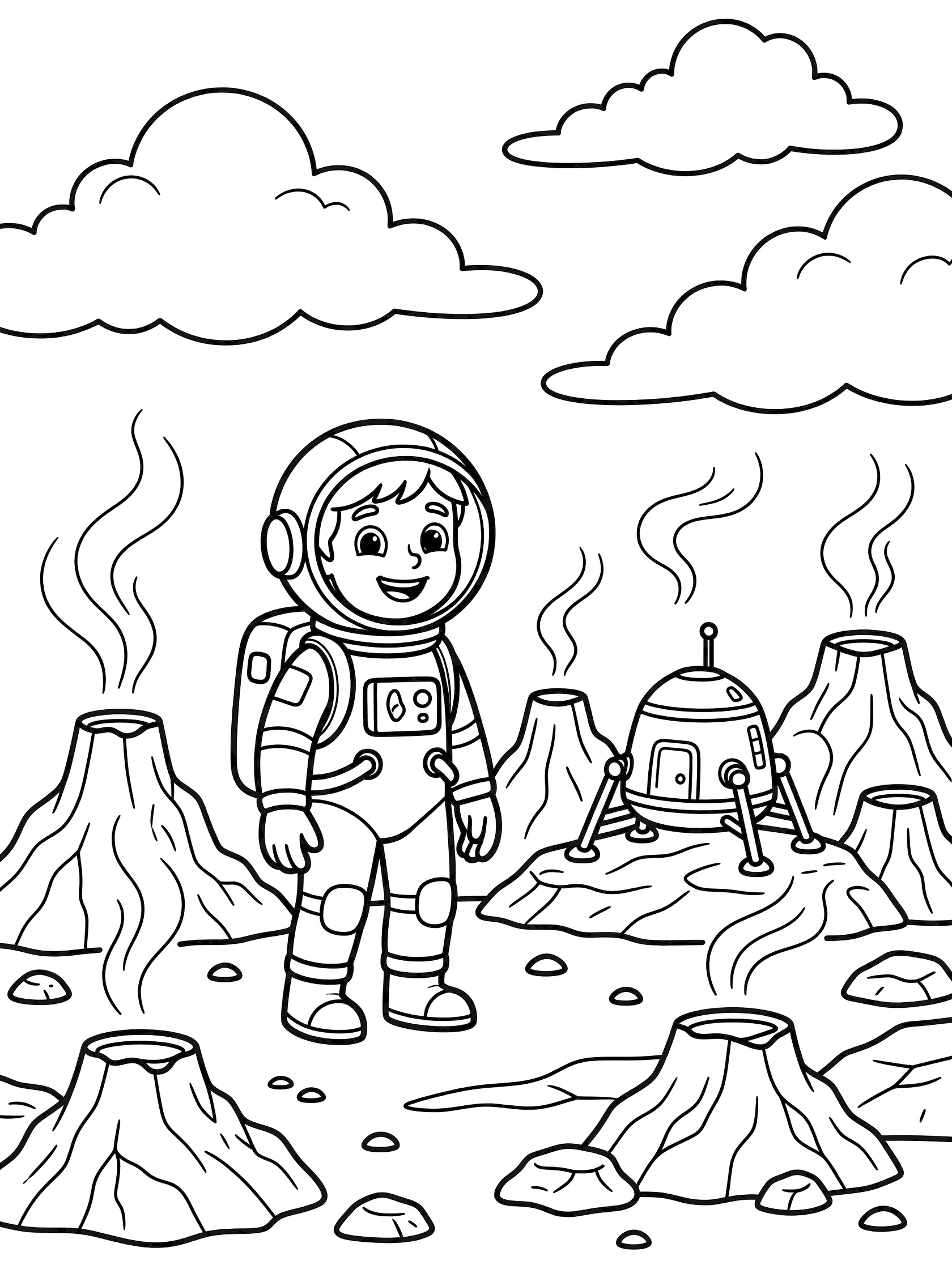 Black and white line art coloring page showing cartoon astronaut standing on Venus terrain with volcano vents, clouds above, and space module nearby