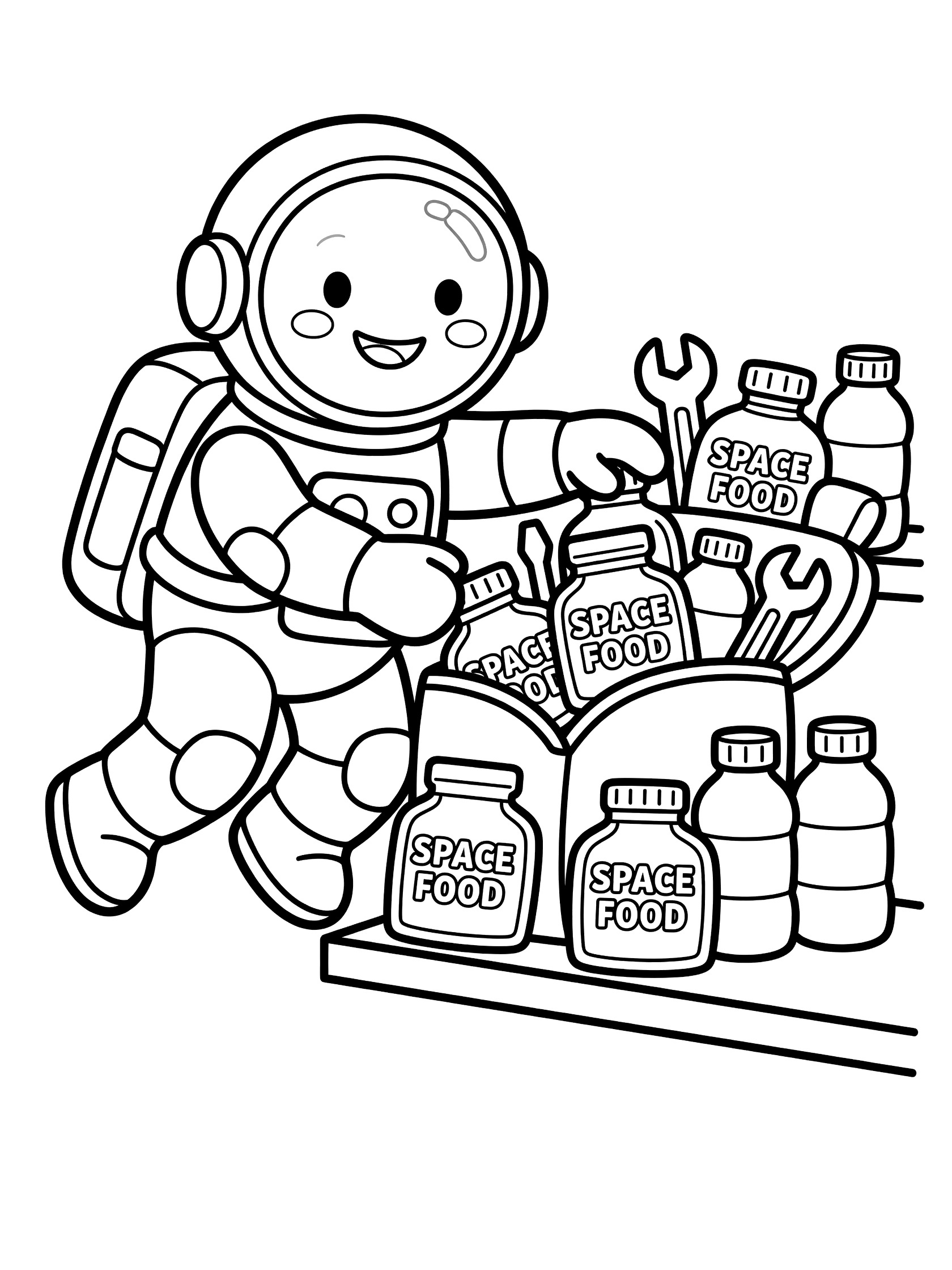 Cheerful cartoon astronaut in spacesuit stuffing backpack with space food pouches, water bottles and tools from a shelf, coloring book style line art. Astronaut Getting Ready themed black and white printable line art
