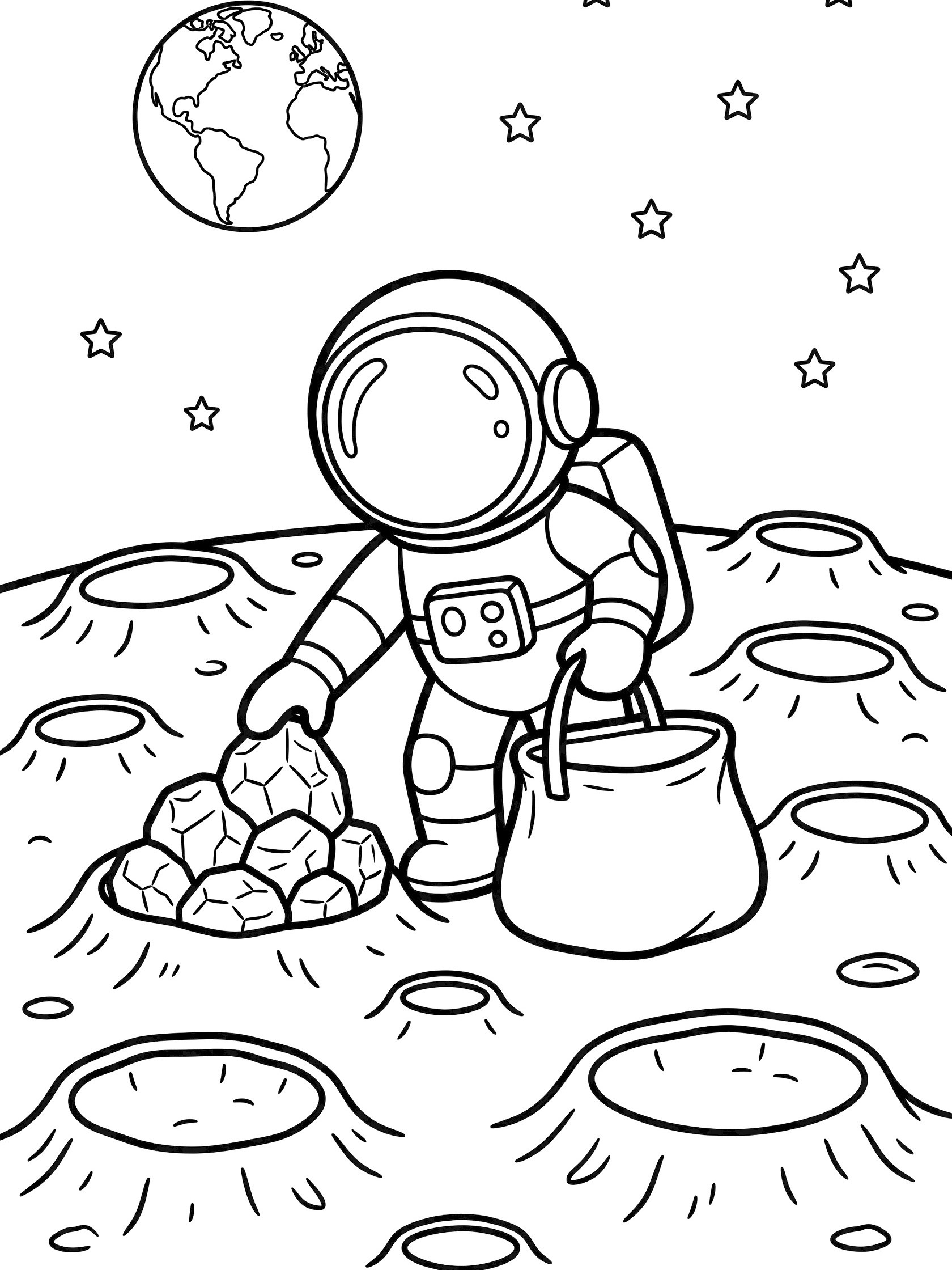 Black and white line art coloring page showing a cute astronaut in a spacesuit bending down to pick up shiny moon rocks from the cratered moon surface while holding a collection bag. Small stars and a round Earth with visible continents in the background. Astronaut on the Moon themed black and white printable line art