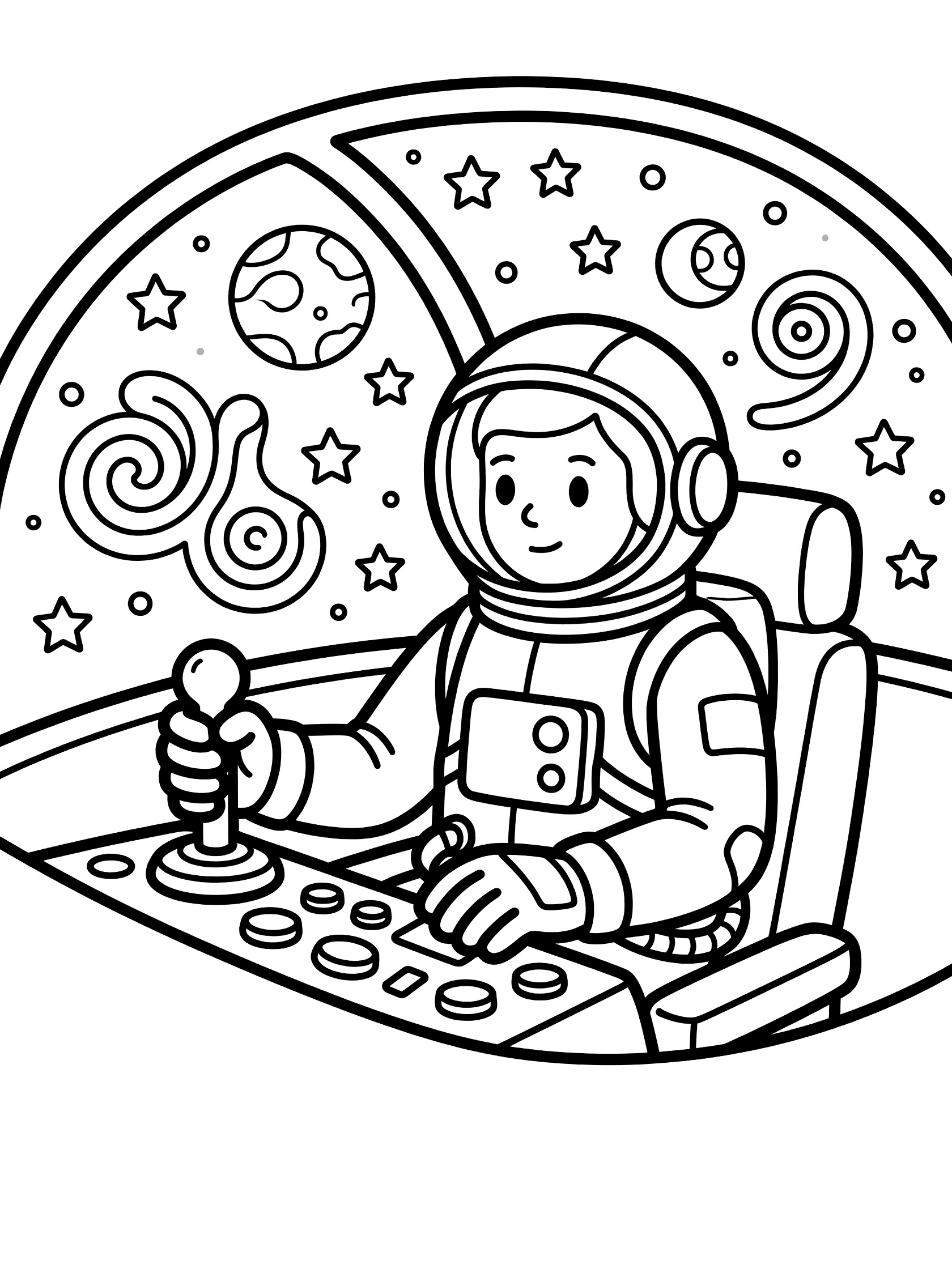 Line art coloring page showing an astronaut in a spacesuit gripping the joystick and pressing buttons on the control panel inside a spaceship with starry space view through curved windows