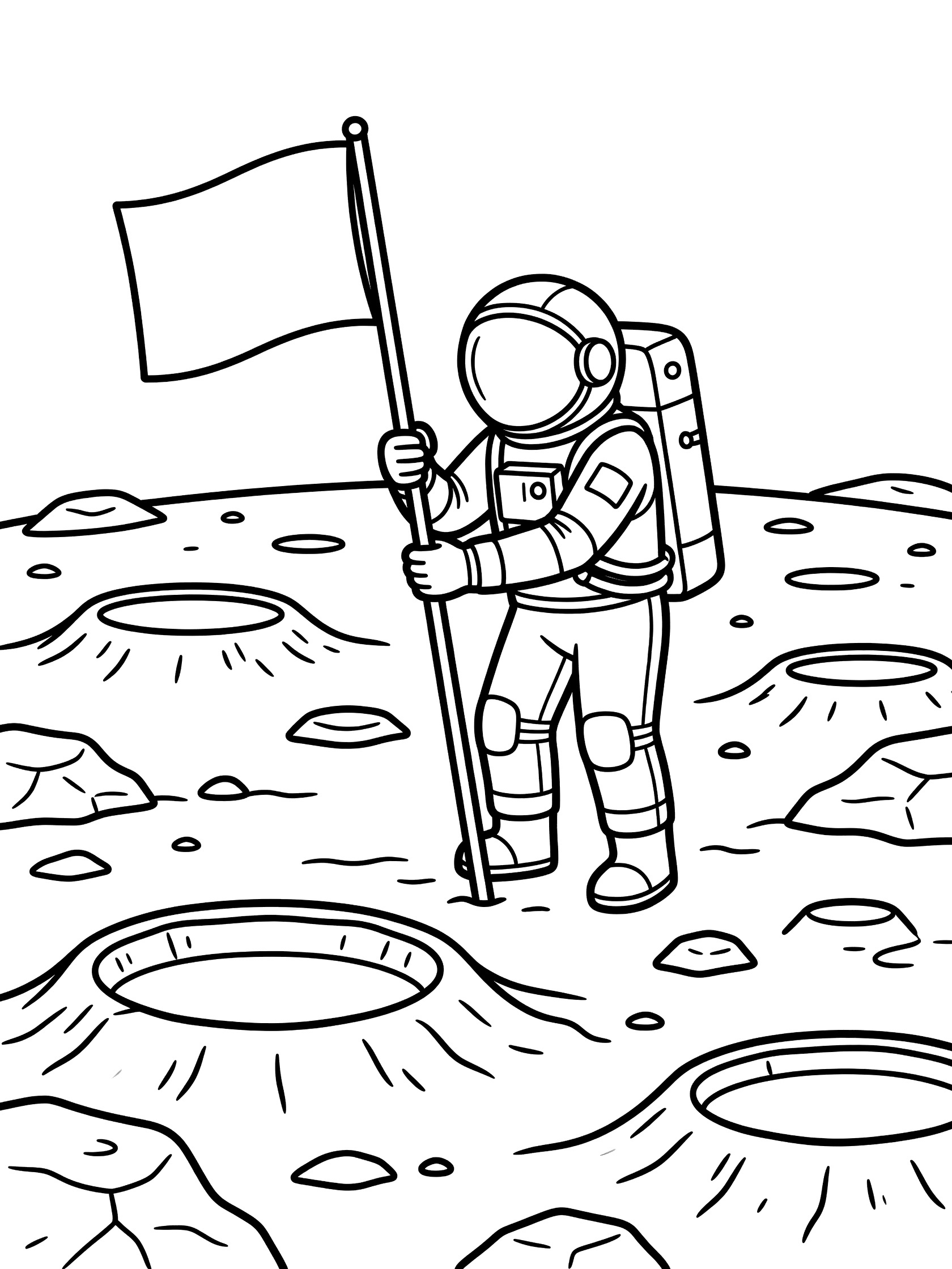 Black and white line art coloring page showing an astronaut in spacesuit holding and planting a flagpole into the rocky moon ground with craters. Chinese Astronauts themed black and white printable line art