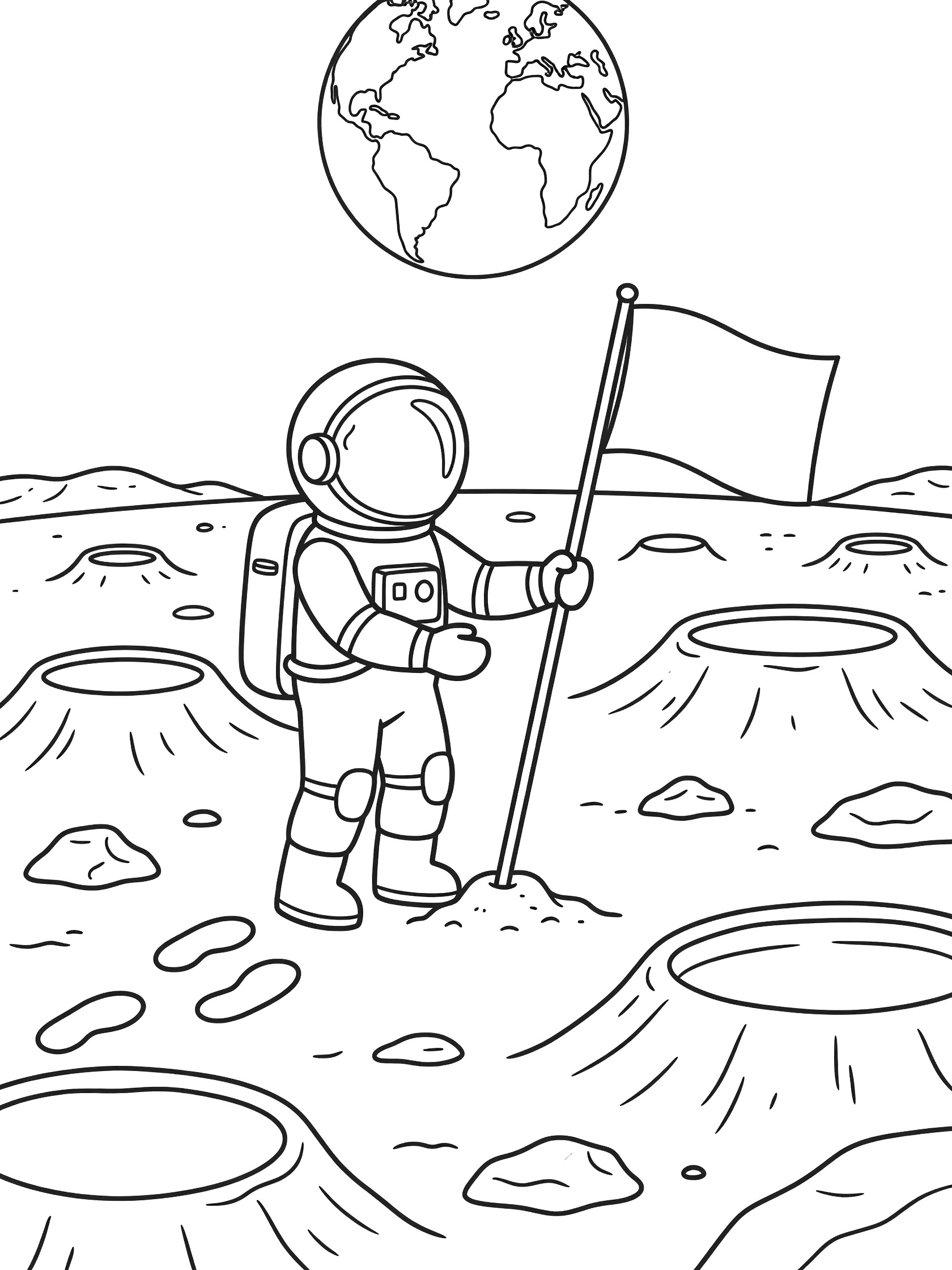 Black and white line art coloring page showing an astronaut in a spacesuit planting a flag on the crater-filled moon, with Earth visible above and boulders and footprints around. NASA Astronauts themed black and white printable line art
