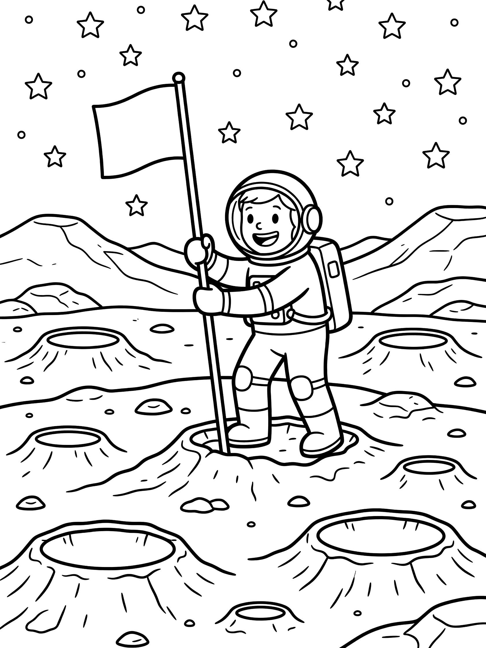 Black and white line art coloring page showing smiling astronaut in spacesuit planting flag on bumpy moon surface with craters, rocky hills, and starry sky. Astronaut on the Mars themed black and white printable line art
