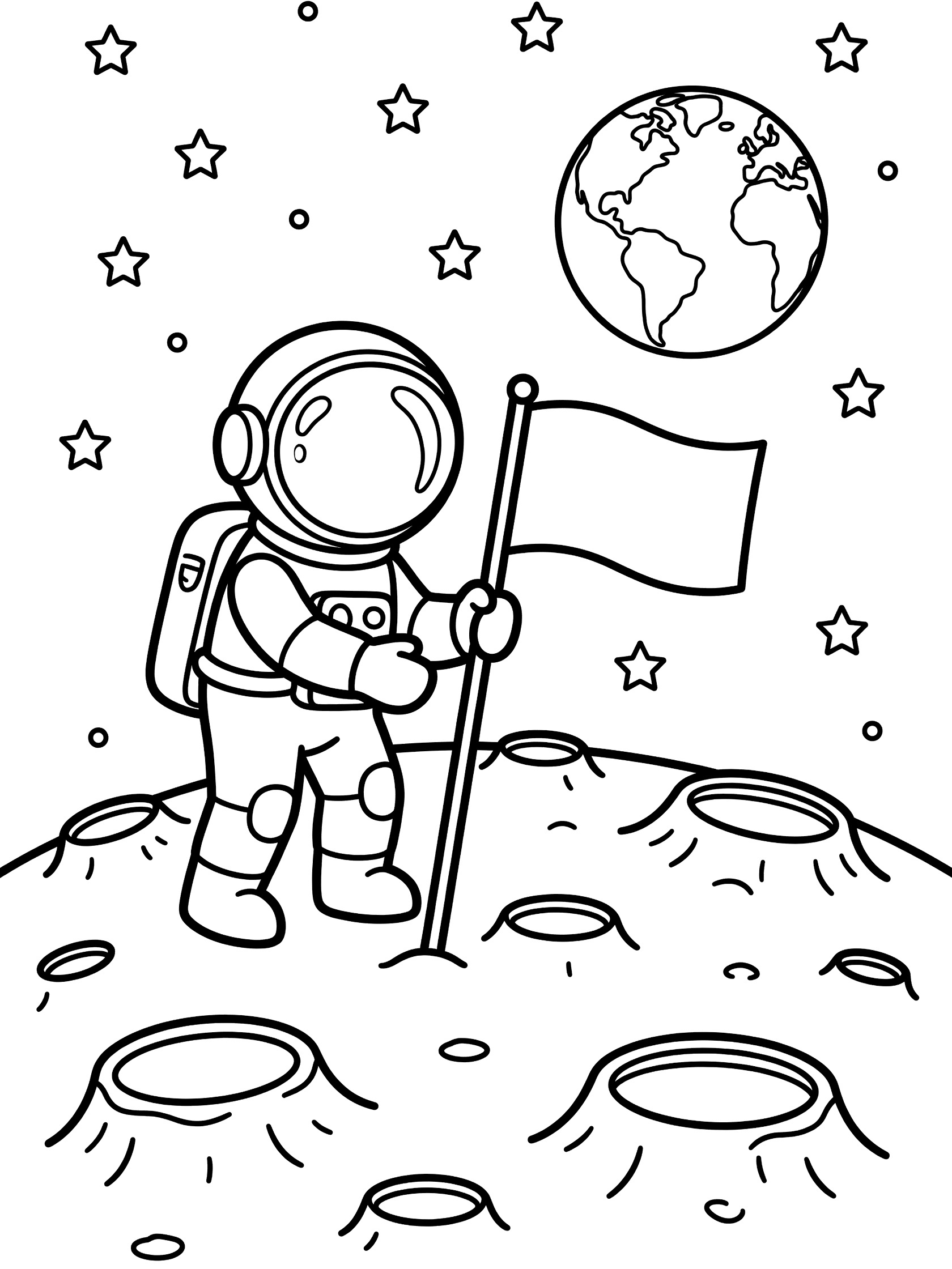 Black and white line art coloring page showing an astronaut planting a flag on the moon surface with craters, twinkling stars above, and Earth visible in the sky. Astronaut on the Moon themed black and white printable line art