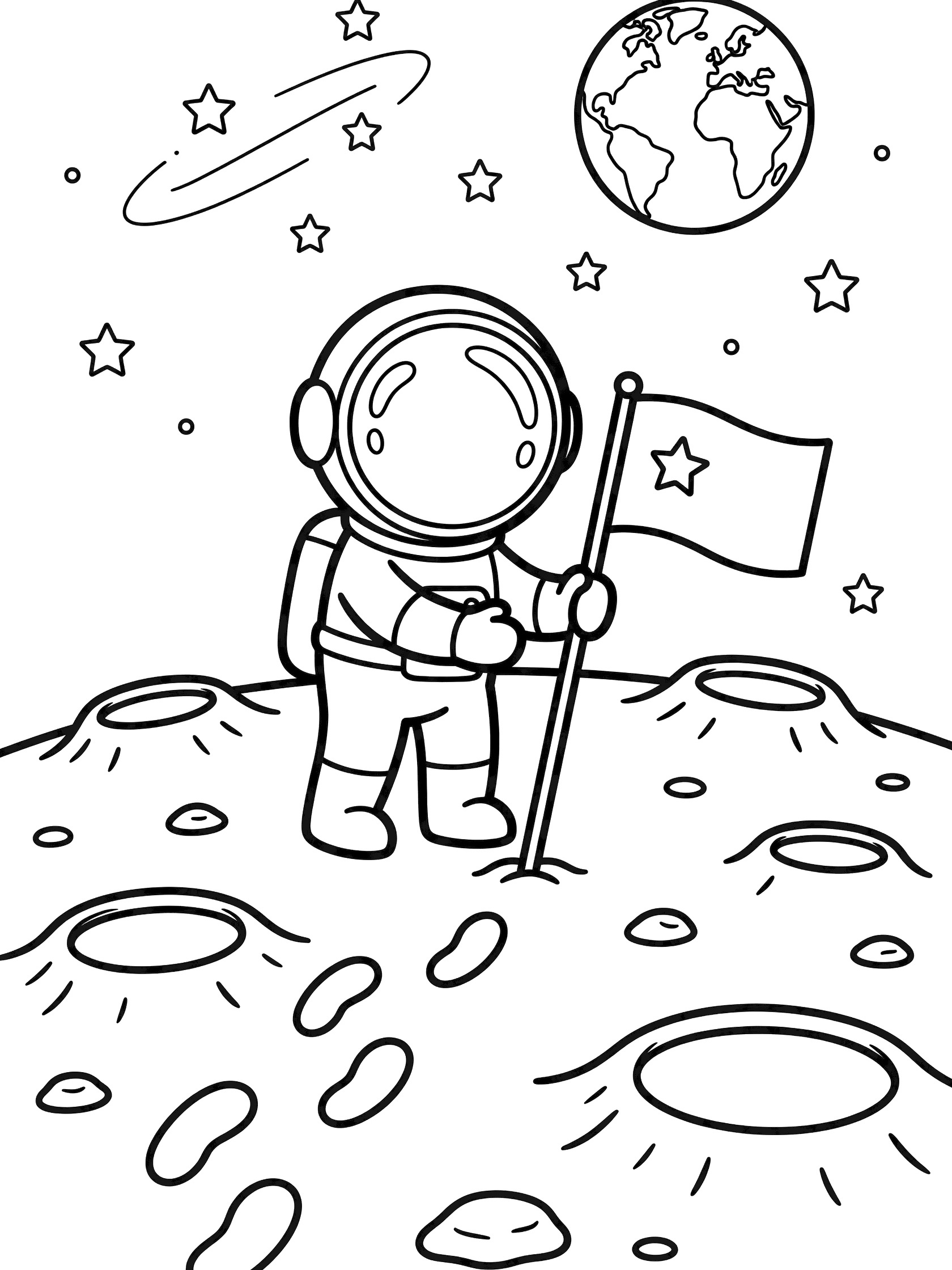Black and white line art of cartoon astronaut in spacesuit planting flag on the Moon, Earth in starry sky, craters, footprints and rocks visible