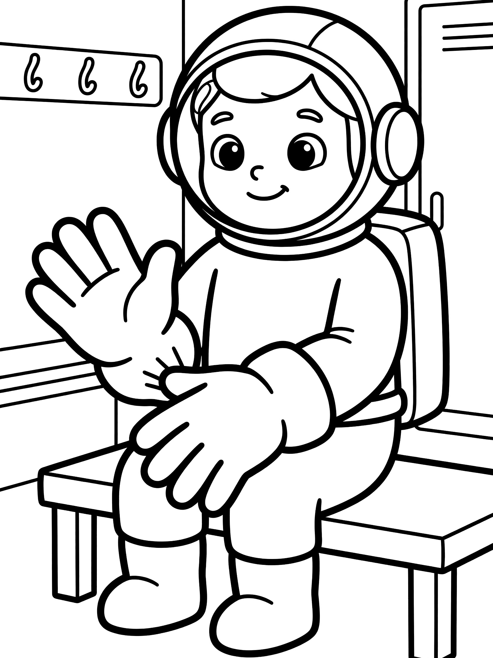 Cute cartoon astronaut in spacesuit sitting on bench, waving one hand and pulling on oversized glove with the other, next to lockers and hooks in changing room, coloring page