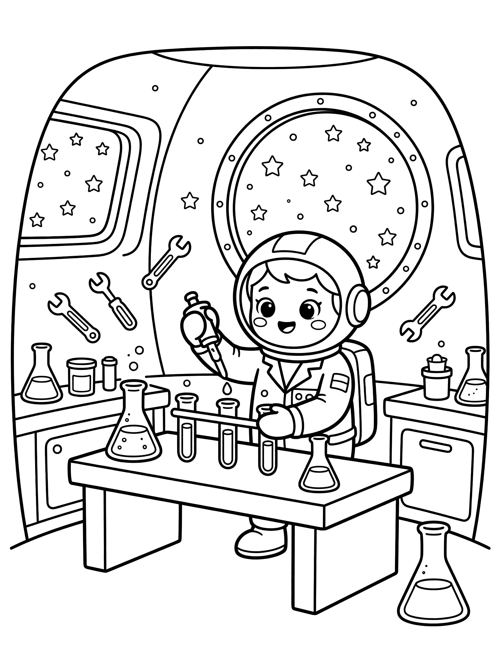 Cute cartoon astronaut in spacesuit holding pipette over test tubes on a lab bench in a cozy space station with starry windows and floating wrenches, beakers, and flasks.
