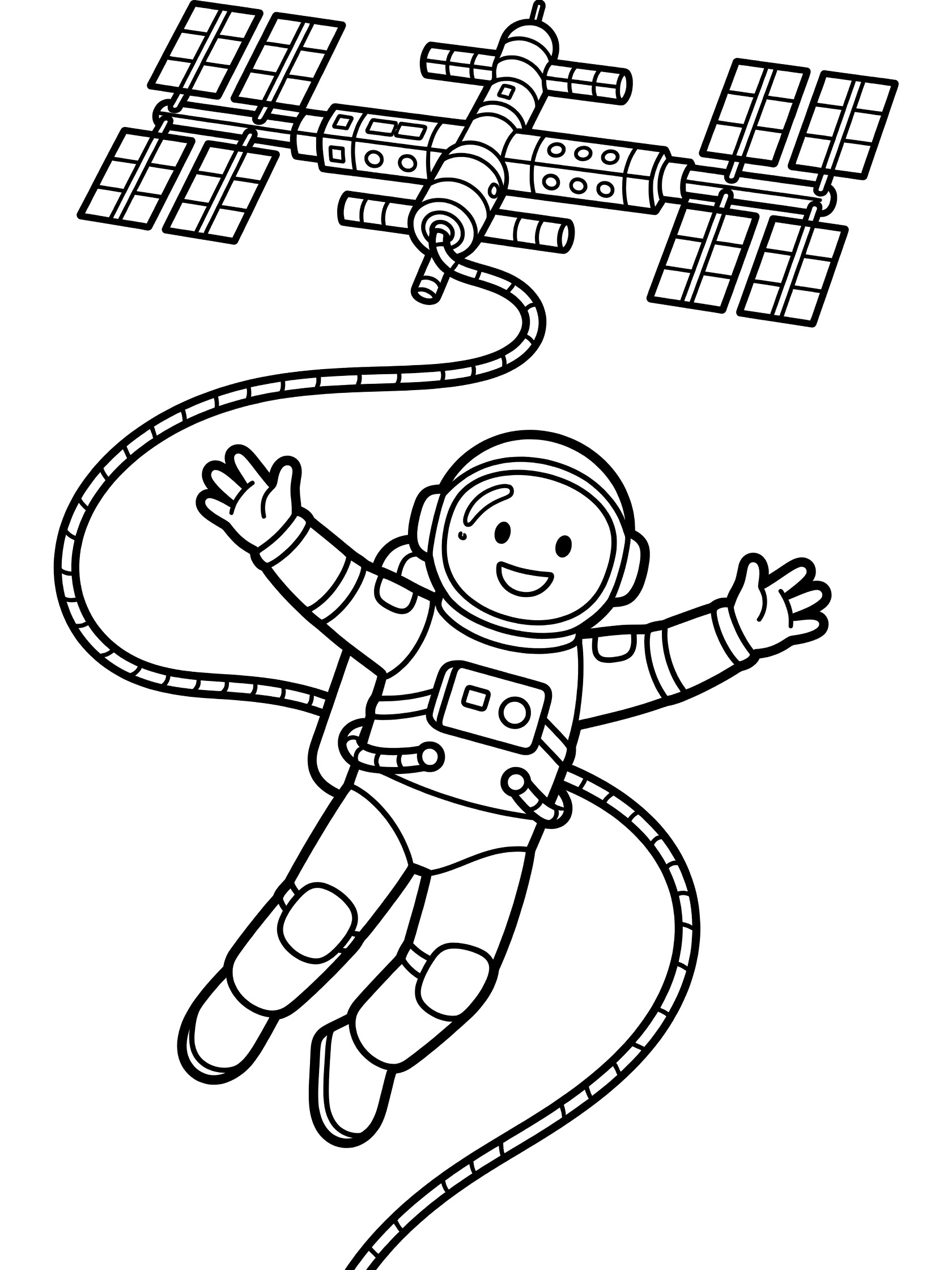 Black and white line art coloring page showing an astronaut tethered by a line to a space station during a spacewalk, arms outstretched happily.