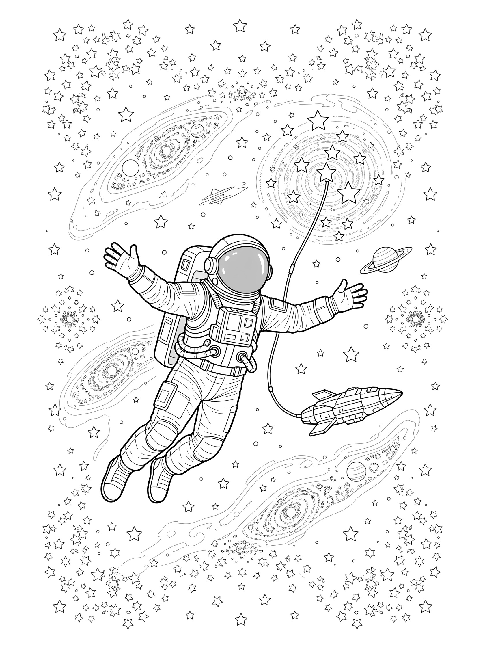 Black and white line art coloring page showing an astronaut in a spacesuit on a spacewalk, arms outstretched pointing at swirling stars, planets, galaxies and nebulae, tethered to a spaceship with a rocket nearby.