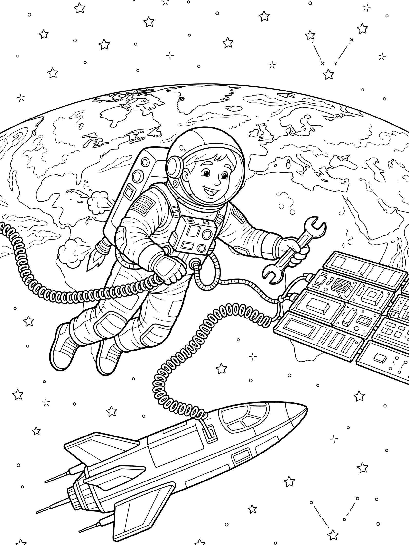 Black and white line art of an astronaut on spacewalk, reaching with wrench toward satellite, tethered to spaceship, Earth and stars visible.
