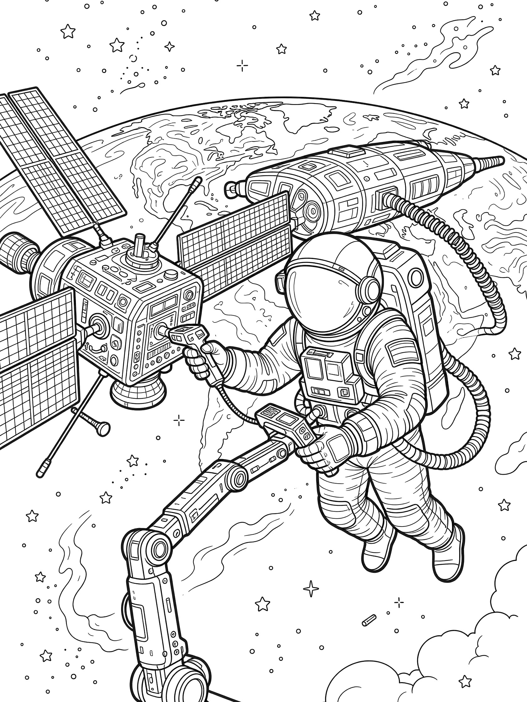 Detailed line art coloring page showing an astronaut in a spacesuit doing a spacewalk, using a scanner on a satellite's control panel while tethered to a spaceship, Earth below with stars and space debris.