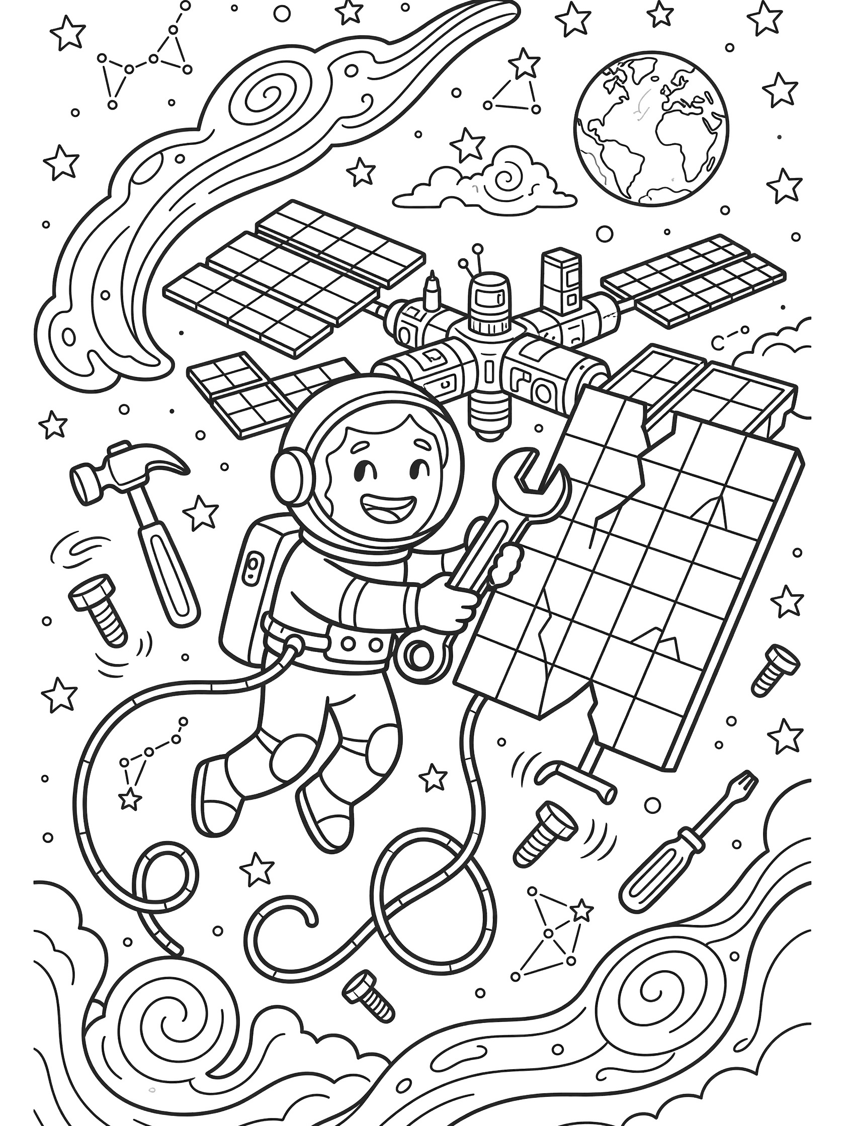Whimsical line art coloring page showing a cheerful astronaut on spacewalk tethered to a space station, using a big wrench to fix a large cracked solar panel, with drifting tools, stars, Earth, and swirling nebula.