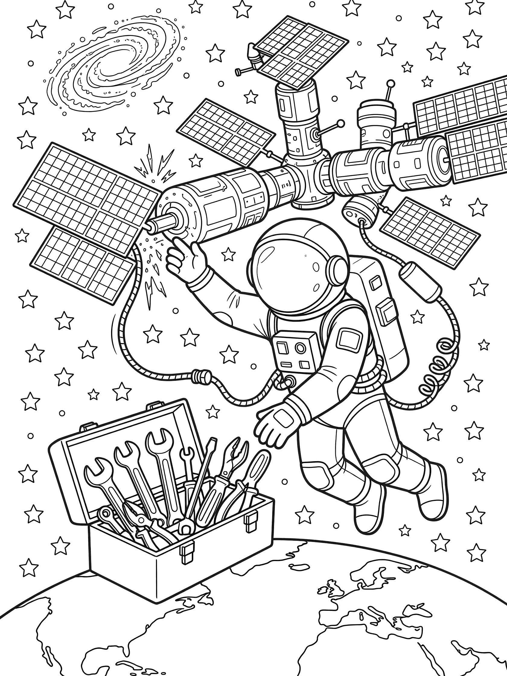 Black and white line art of astronaut on spacewalk reaching from floating toolbox to repair solar panel on space station with Earth and stars.