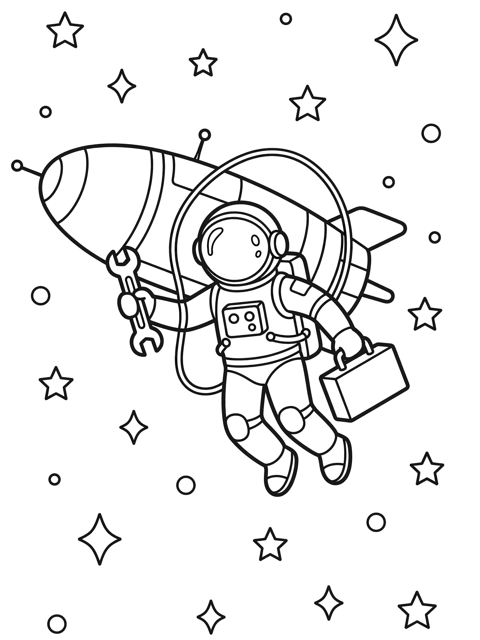 Black and white line art coloring page showing an astronaut floating tethered to a rocket ship, holding a wrench and toolbox, surrounded by stars. Chinese Astronauts themed black and white printable line art