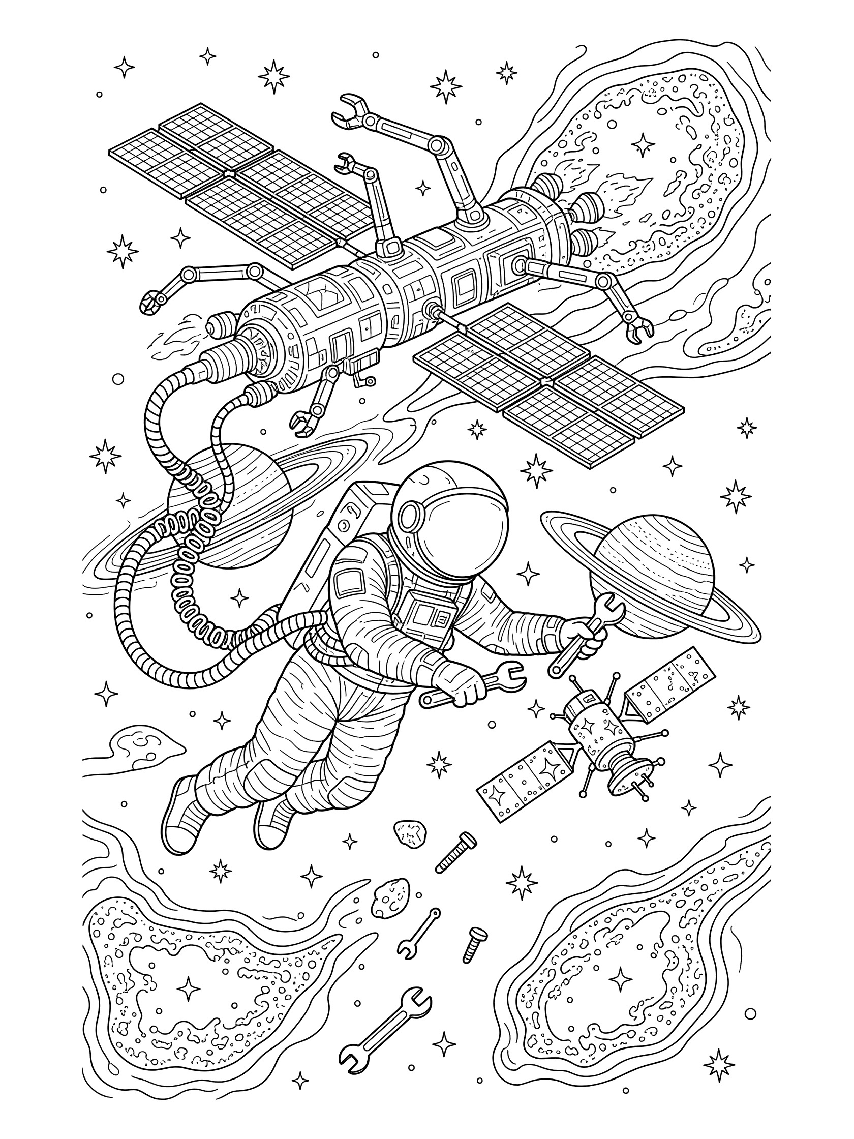 Line art coloring page showing an astronaut on a spacewalk, connected by umbilical cord to a detailed spacecraft with robotic arms and solar panels, reaching to repair a satellite with a wrench amid stars, nebulae, ringed planet, and floating debris.
