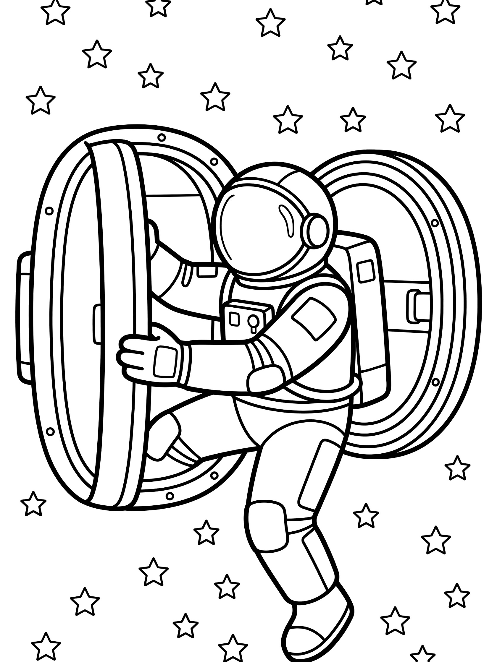Black and white line art coloring page showing an astronaut in a spacesuit holding onto the edge of an open spaceship door with stars around. Spacewalk themed black and white printable line art