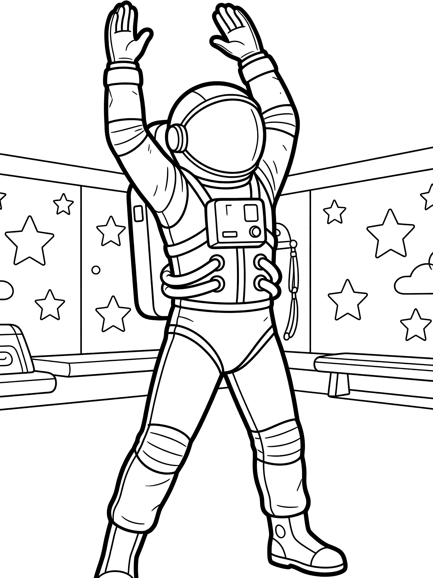 Black and white line art coloring page showing an astronaut raising both arms overhead, standing with legs apart in boots, inside a room with star shapes on walls and simple equipment. Astronaut Getting Ready themed black and white printable line art