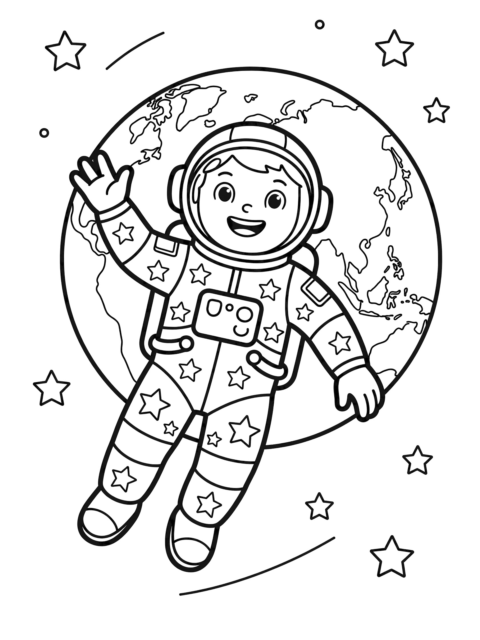 Black and white line art coloring page showing a cheerful astronaut in a spacesuit waving one hand, floating near planet Earth with stars around. Chinese Astronauts themed black and white printable line art