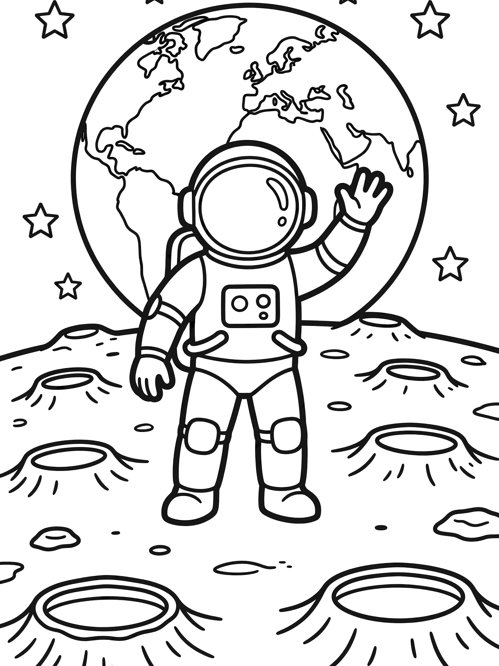 Black and white line art coloring page showing an astronaut in a spacesuit waving on the bumpy moon surface with craters, large Earth in the sky, and scattered stars. Astronaut on the Moon themed black and white printable line art