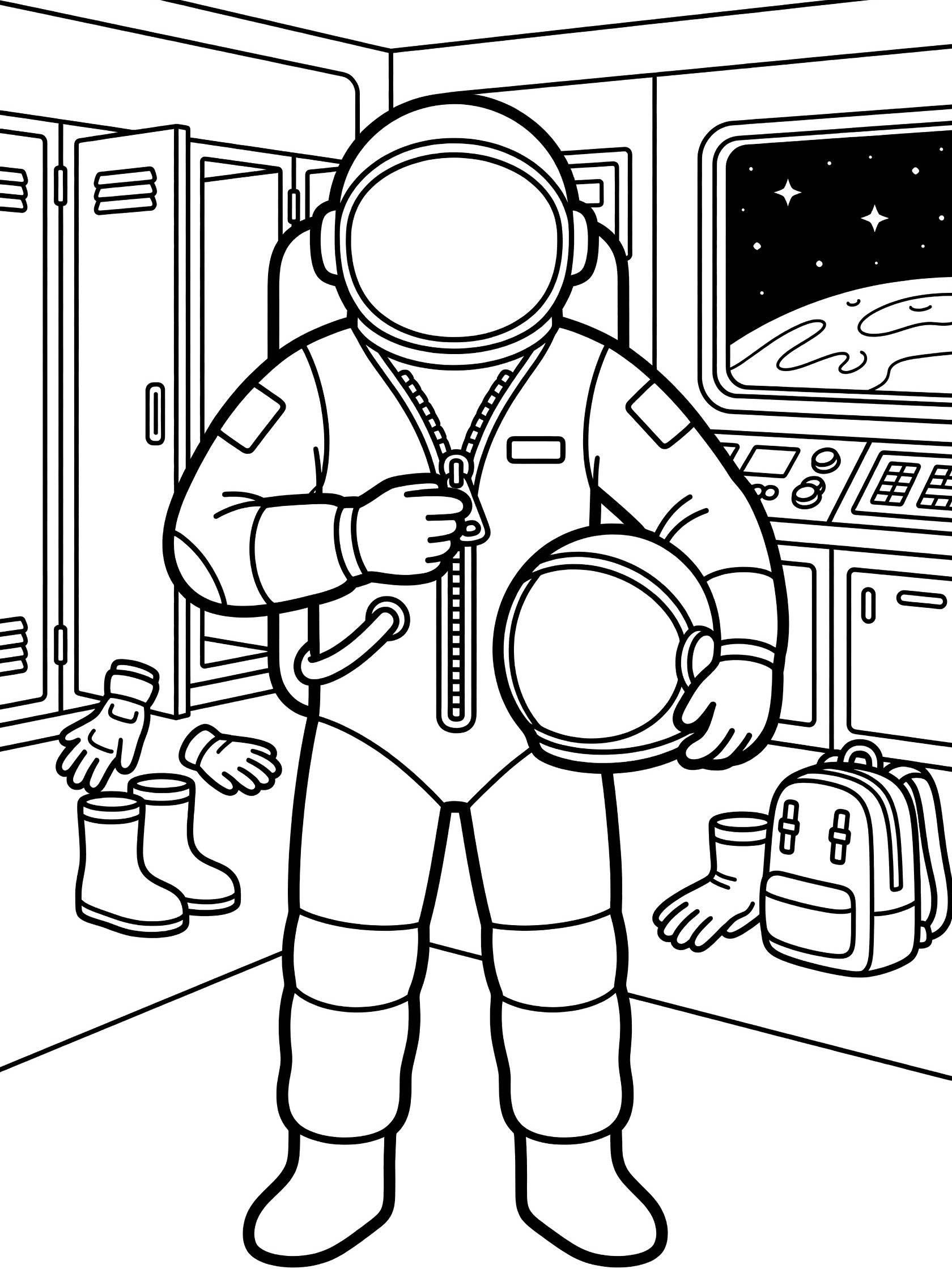 Black and white line art of astronaut holding helmet and zipping spacesuit in room with lockers, space window, boots and backpack.