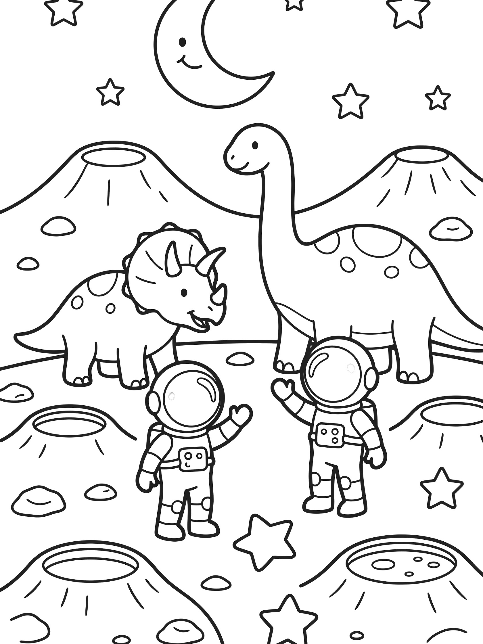 Printable coloring page showing two astronauts in spacesuits standing with a tall brachiosaurus and triceratops dinosaur on the moon surface with craters, moon, and stars.