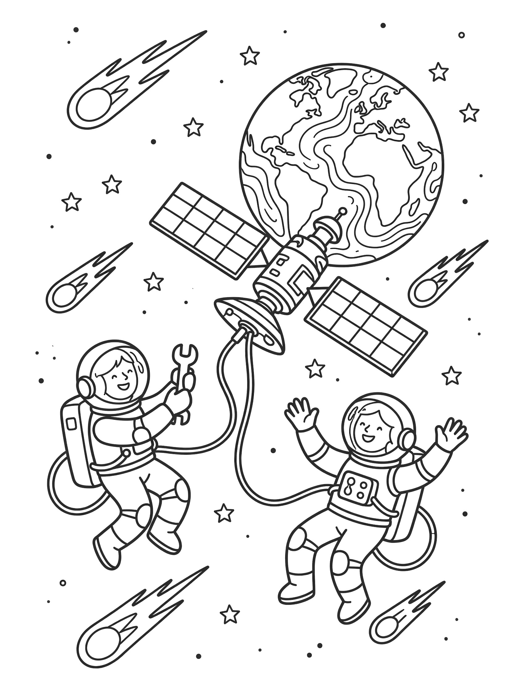 Black and white line art coloring page showing two astronauts in spacesuits repairing a satellite near planet Earth with stars and meteors in the background. NASA Astronauts themed black and white printable line art
