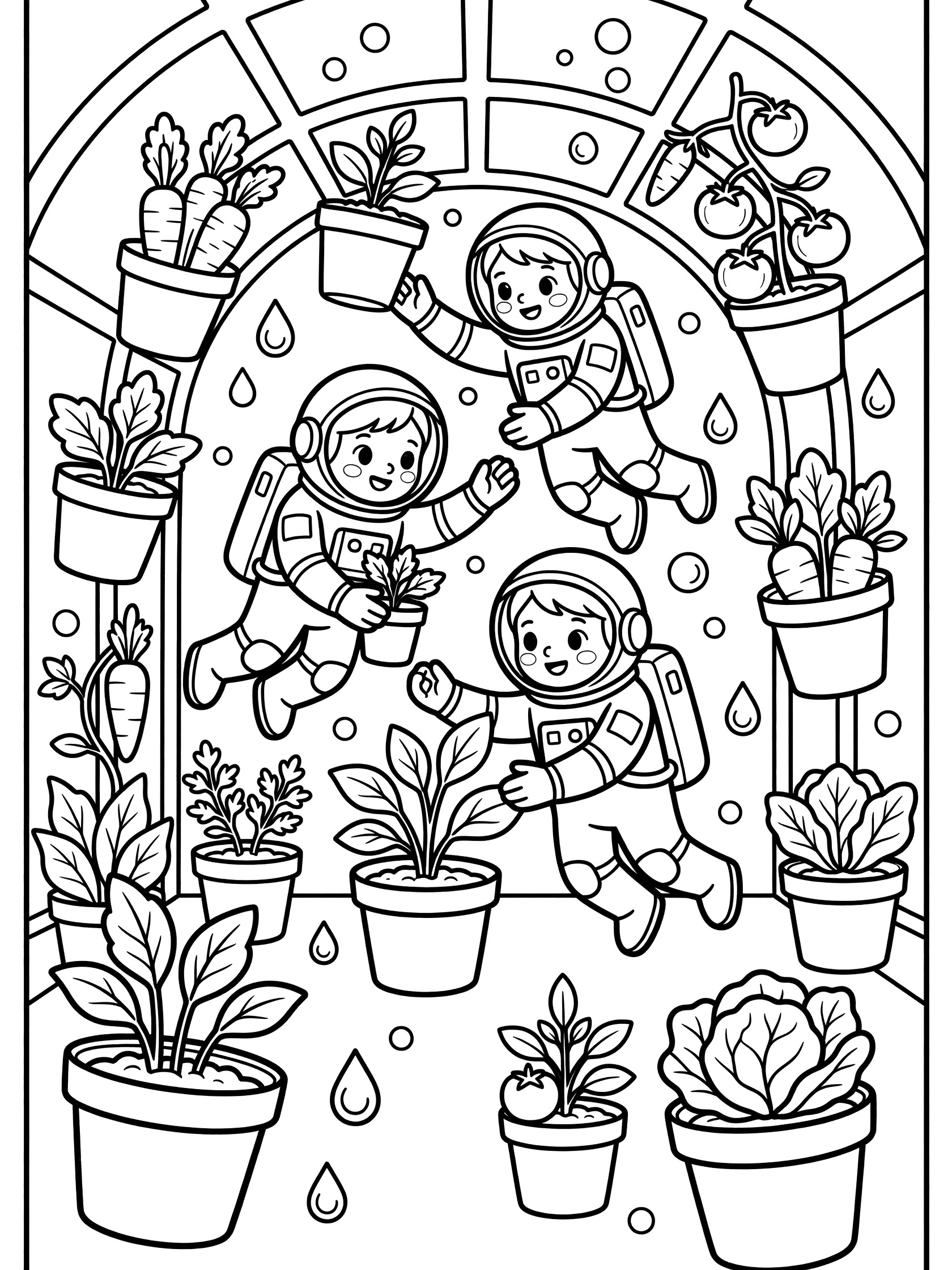 Black and white line art coloring page showing two smiling astronauts in spacesuits caring for floating plant pots with carrots, tomatoes, and greens in a space greenhouse with hovering water drops and large windows. Russian Cosmonauts themed black and white printable line art