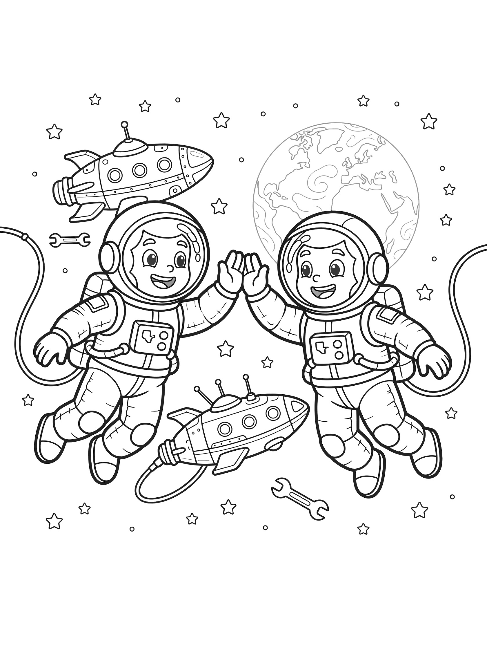 Cute cartoon line art of two friendly astronauts in space suits high-fiving with gloved hands on a spacewalk, tethered to spaceship, Earth and stars in background