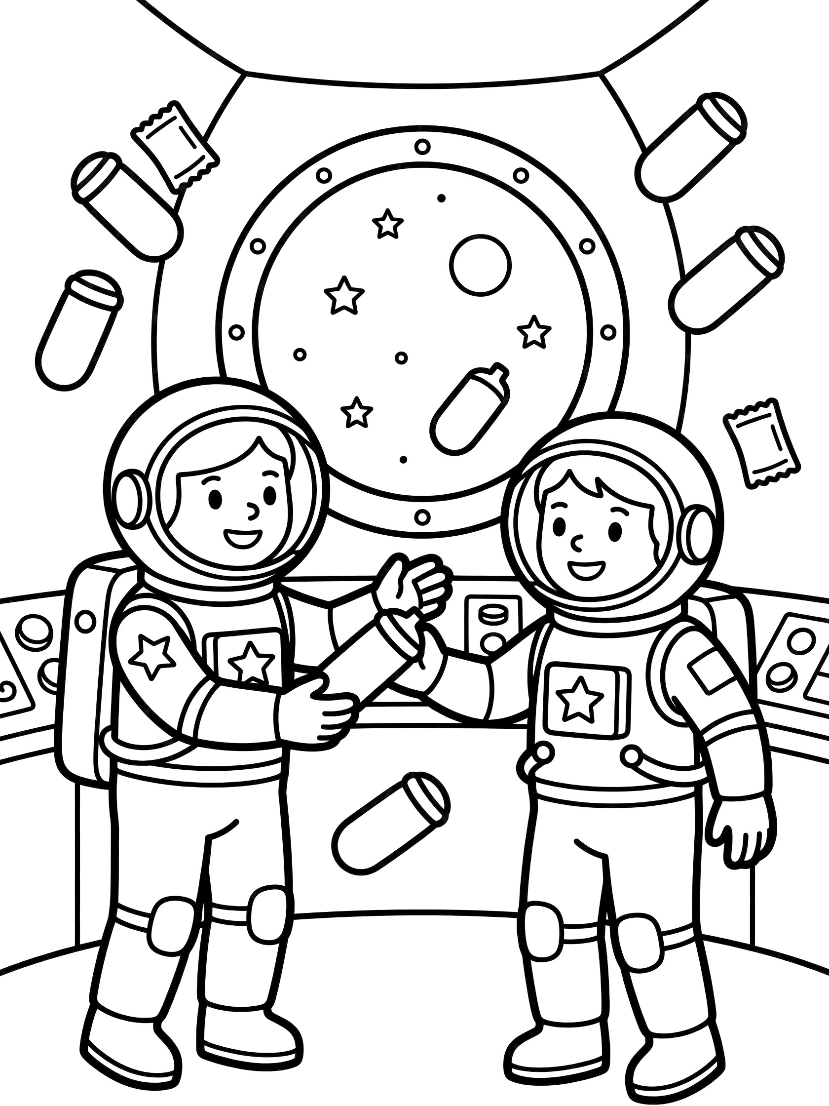Black and white coloring page showing two cartoon astronauts exchanging space food tubes and packets near a spaceship control panel and starry window. Russian Cosmonauts themed black and white printable line art